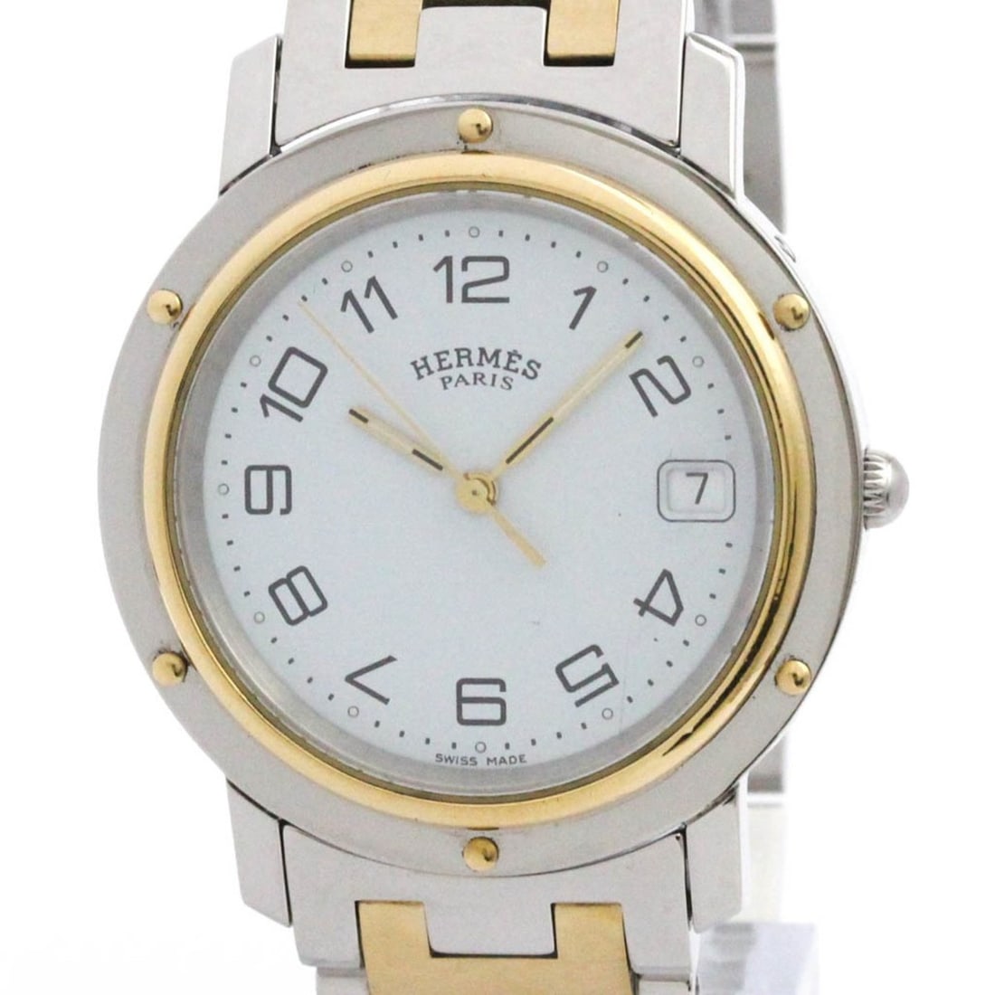 HERMES Clipper Gold Plated Steel Quartz Mens Watch CL6.720 Polished: --- Catalog ---Category: SizeCase Diameter: 36mm / 1.42''Category: DesignType: WristwatchStyle: Dress/FormalGender: MenColor (Dial): WhiteMaterial (Band): Gold plated, Stainless steelMaterial (Case): 