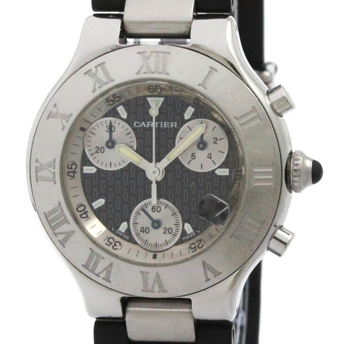CARTIER Must 21 Chronoscaph Steel Quartz Mens Watch W10125U2 Polished: --- Catalog ---Category: SizeCase Diameter: 38mm / 1.5''Category: DesignType: WristwatchStyle: SportGender: MenColor (Dial): BlackMaterial (Band): RubberMaterial (Case): Stainless steelCategory: Gener