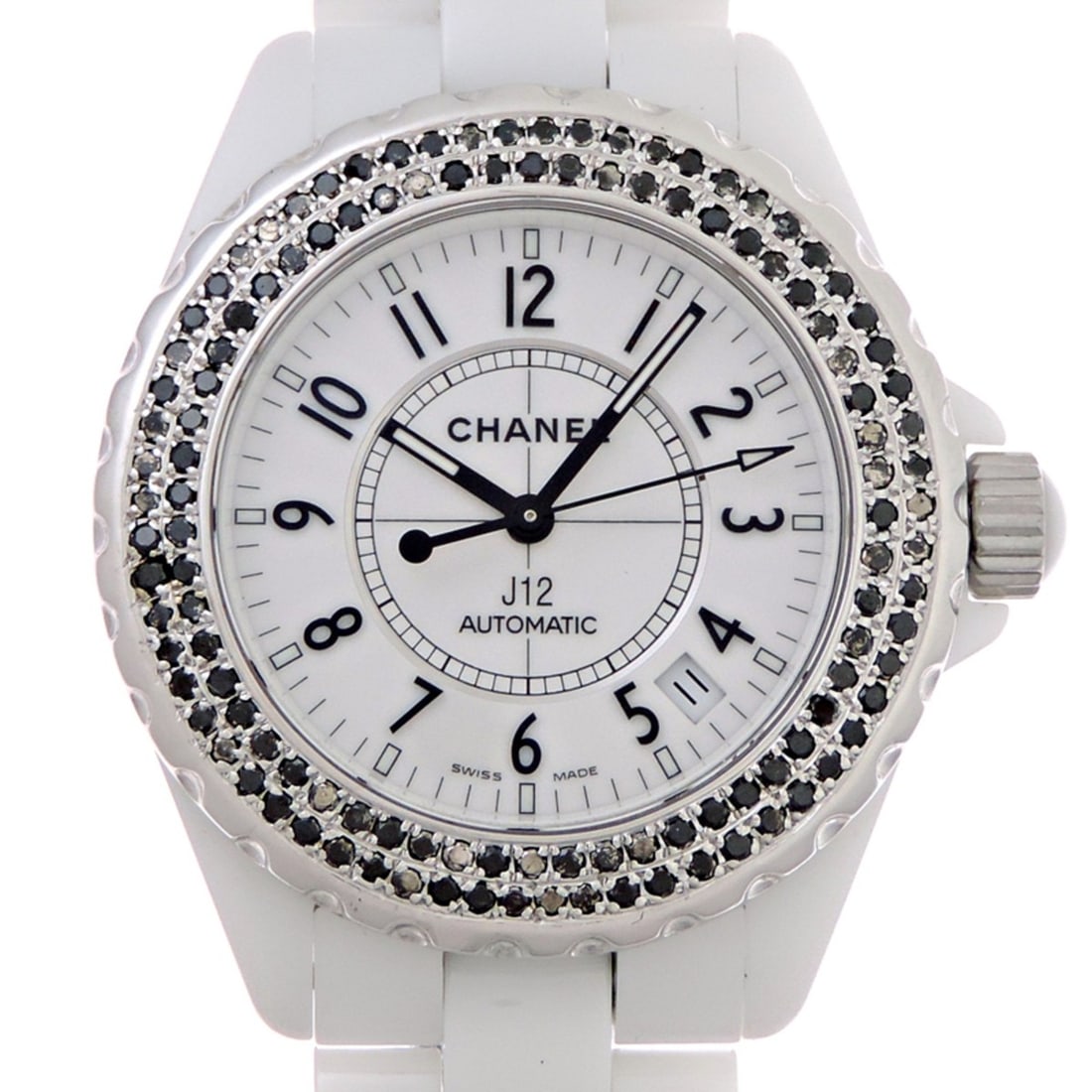 Chanel J12 38MM Bezel with Black Diamonds, Women's Watch H0970: --- Catalog ---Category: SizeWrist Size: 18.89cm / 7.44''Case Diameter: 38mm / 1.5''Category: DesignType: WristwatchColor: WhiteGender: WomenColor (Dial): WhiteMaterial (Band): CeramicMaterial (Case):