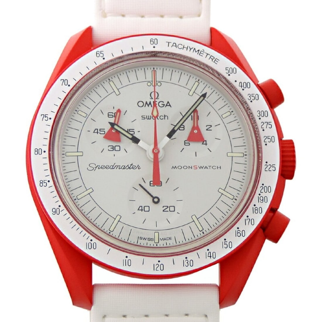 SWATCH x OMEGA Moon Mission to Mars Women's and Men's Watch SO33R100: --- Catalog ---Category: SizeWrist Size: 20cm / 7.87''Case Diameter: 42mm / 1.65''Category: DesignType: WristwatchGender: Men,WomenColor (Dial): WhiteMaterial (Band): CanvasMaterial (Case): PlasticCat