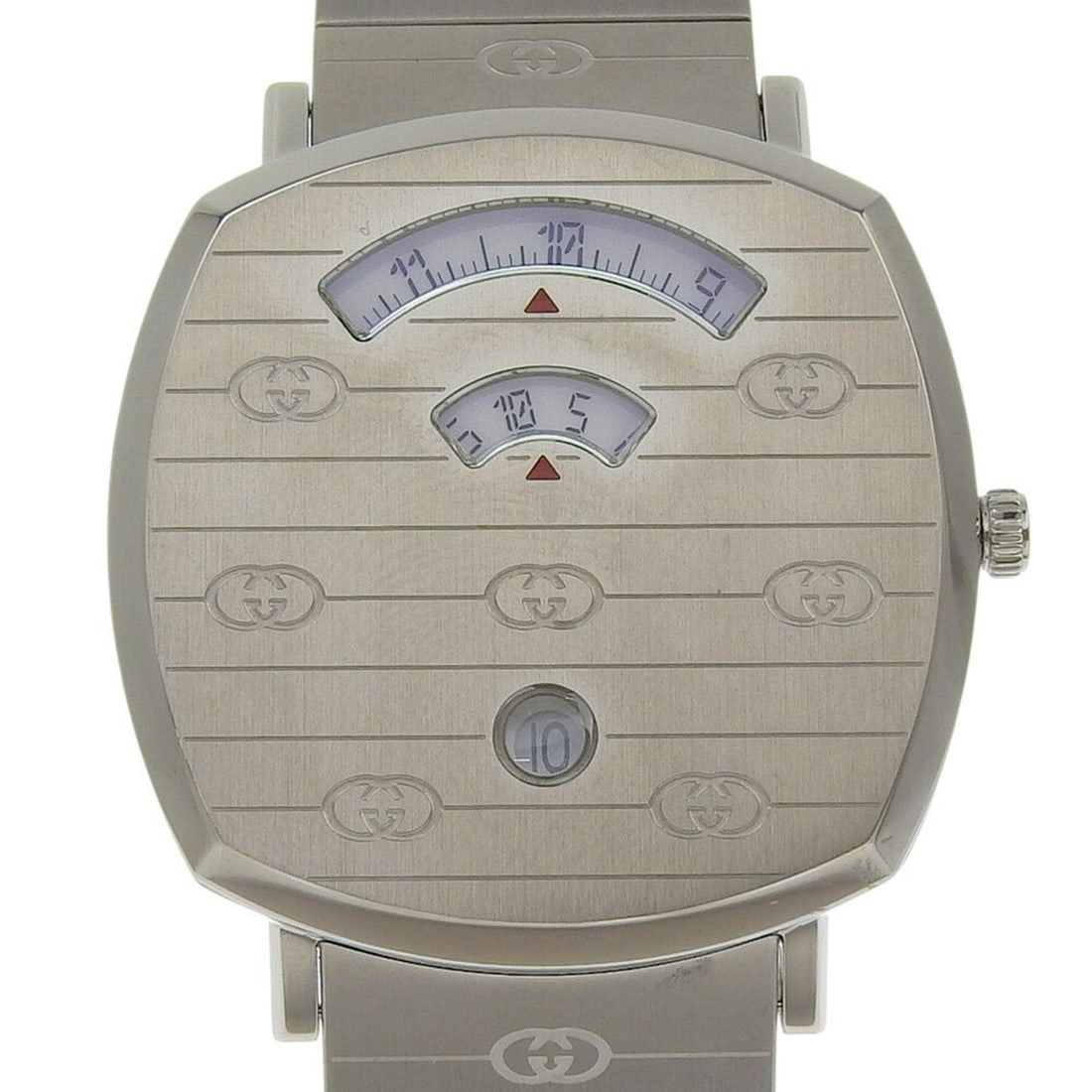 Gucci Grip Watch, 157.3mm, Stainless Steel, Quartz Movement, Analog Display, White Dial, Men's: --- Catalog ---Category: SizeWeight: 103g / 3.63oz.Band Width: 20mm / 0.79''Wrist Size: 18.5cm / 7.28''Case Diameter: 38mm / 1.5''Case Thickness: 6mm / 0.24''Category: DesignType: WristwatchGender: Me