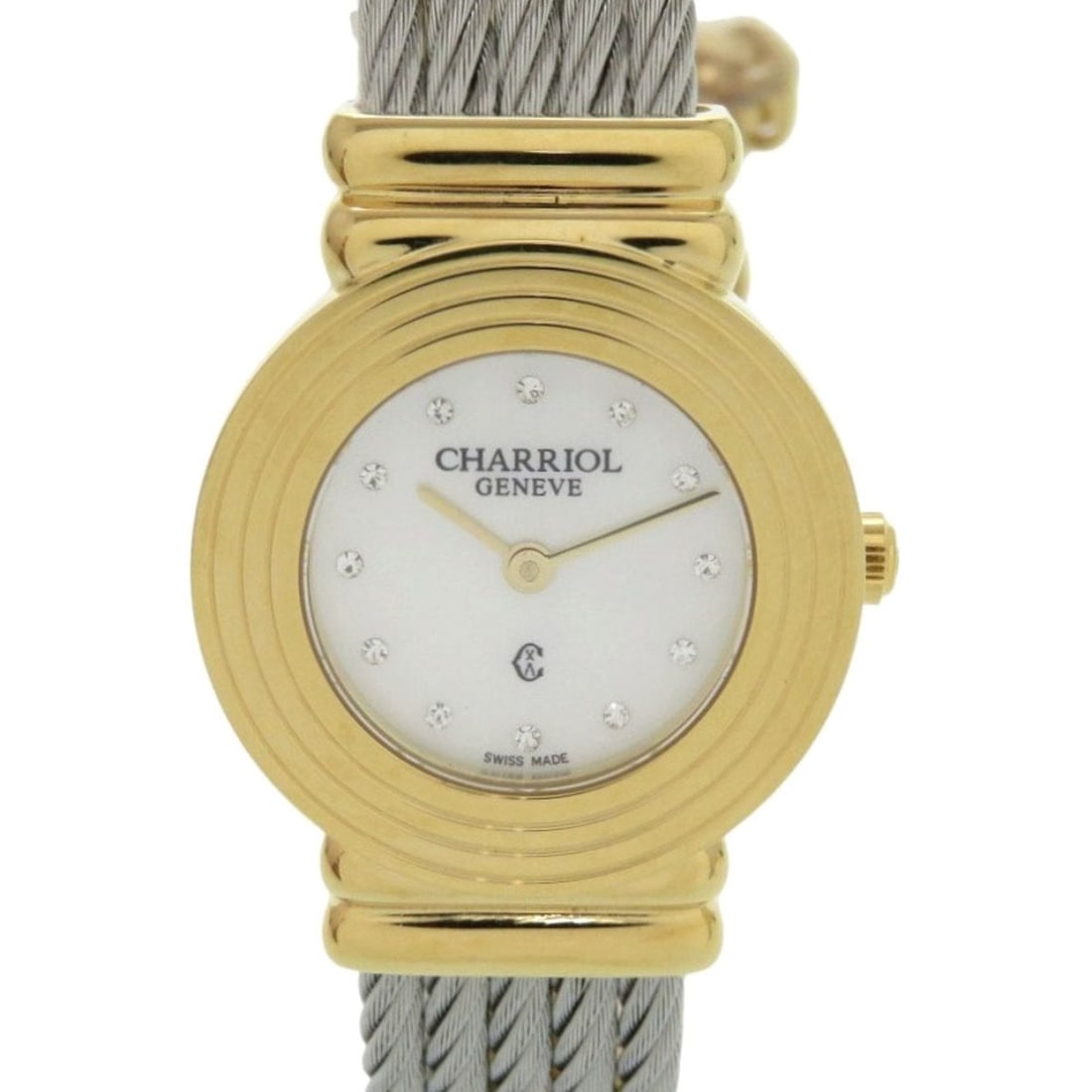 Unused Charriol Saint-Tropez 12-Piece Diamond Stainless Steel Watch with White Shell and Gold Dial,: --- Catalog ---Category: SizeWrist Size: 15cm / 5.9''Case Diameter: 25mm / 0.98''Category: DesignType: WristwatchGender: WomenDisplay: AnalogGemstone: DiamondColor (Dial): White shellMaterial (Band): 