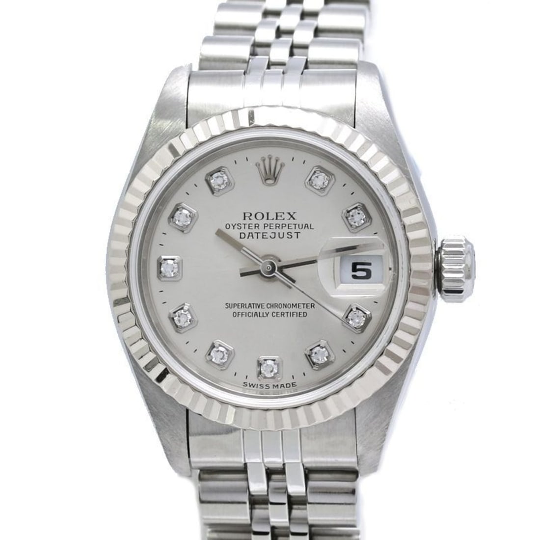 ROLEX Datejust 10P Diamond 79174G Women's Watch SSx18KWG 40458: --- Catalog ---Category: SizeWrist Size: 18cm / 7.08''Case Diameter: 26mm / 1.02''Category: DesignType: WristwatchGender: WomenColor (Dial): SilverMaterial (Band): Stainless steel, White gold (18K)Mat