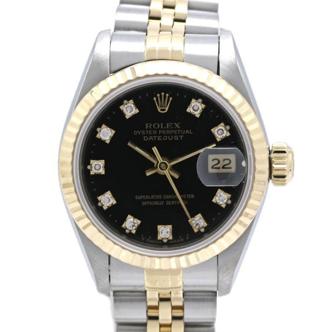 ROLEX Datejust 10P Diamond 69173G Women's Watch SSx18K Yellow Gold 40465: --- Catalog ---Category: SizeWrist Size: 17.5cm / 6.88''Case Diameter: 26mm / 1.02''Category: DesignType: WristwatchGender: WomenColor (Dial): BlackMaterial (Band): Stainless steel, Yellow gold (18K)M