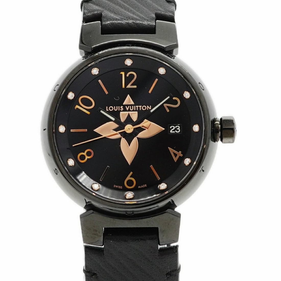 Louis Vuitton Tambour All Black PM Diamond QA047 Dial Women's Watch: --- Catalog ---Category: SizeWrist Size: 17cm / 6.69''Case Diameter: 27.7mm / 1.09''Category: DesignType: WristwatchGender: WomenColor (Dial): BlackMaterial (Band): LeatherCategory: GeneralMPN: QA047B