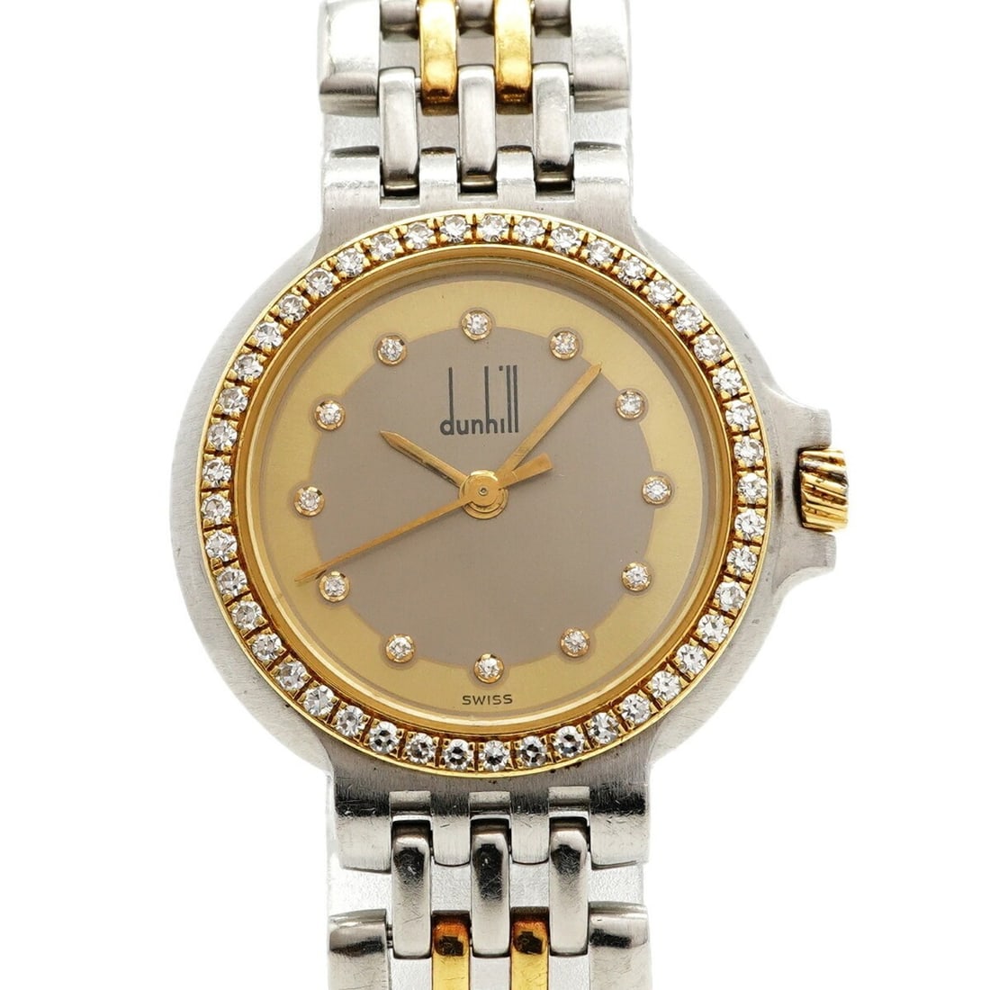 Dunhill Elite Diamond Gold Silver Dial Watch for Women: --- Catalog ---Category: SizeWrist Size: 15.5cm / 6.1''Case Diameter: 26mm / 1.02''Category: DesignType: WristwatchGender: WomenColor (Dial): Gold, SilverMaterial (Band): Stainless steel, Yellow goldC