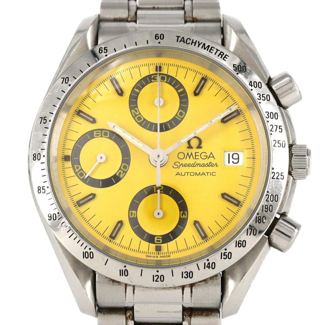 Omega Speedmaster Date 3511.12 Stainless Steel Automatic Watch: --- Catalog ---Category: SizeWrist Size: 15cm / 5.9''Case Diameter: 39mm / 1.54''Category: DesignType: WristwatchGender: MenColor (Dial): YellowMaterial (Band): Stainless steelMaterial (Case):