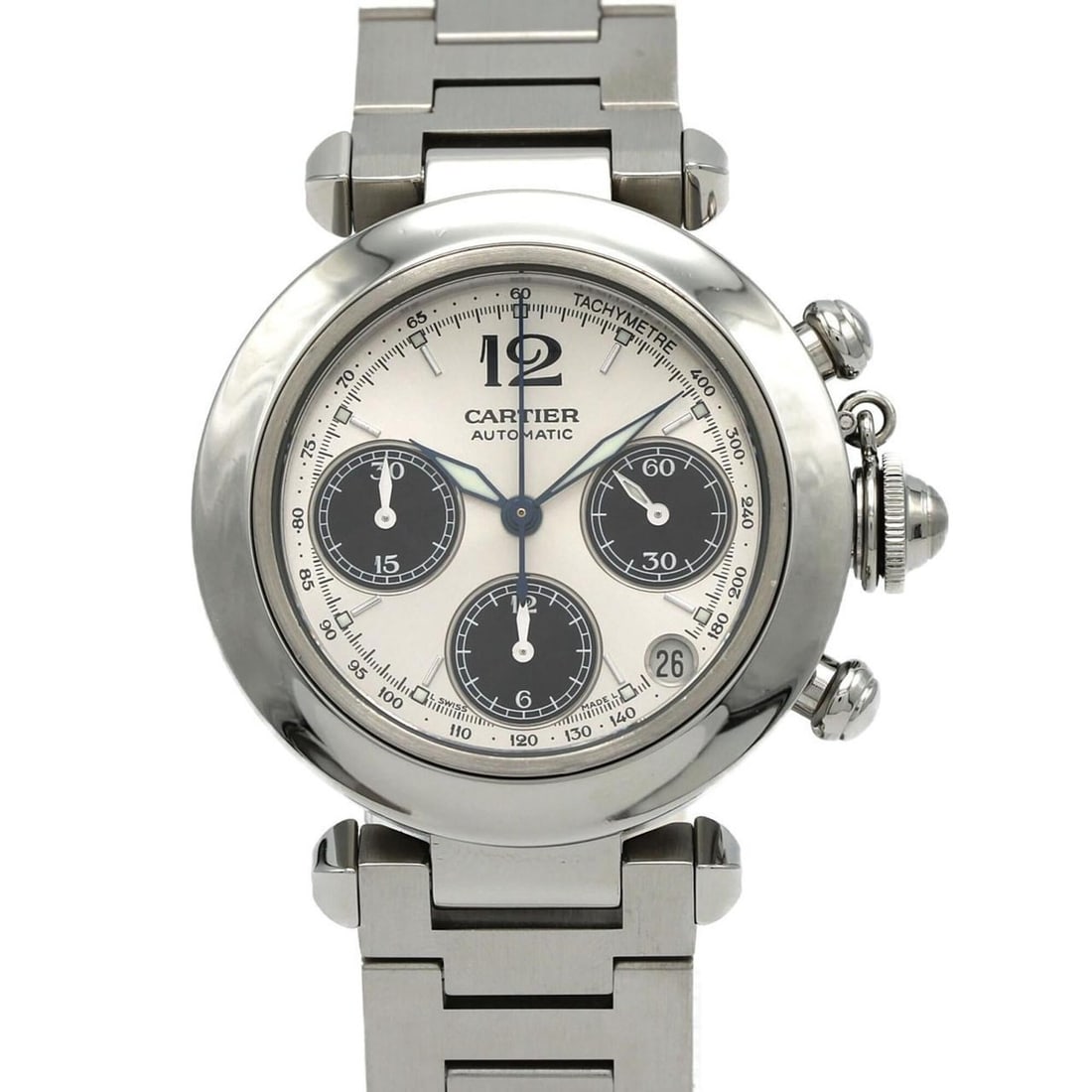 Cartier Pasha C Chronograph W31048M7 Stainless Steel Automatic Watch: --- Catalog ---Category: SizeWrist Size: 17cm / 6.69''Case Diameter: 36mm / 1.42''Category: DesignType: WristwatchGender: Men,WomenColor (Dial): Black, SilverMaterial (Band): Stainless steelMaterial (