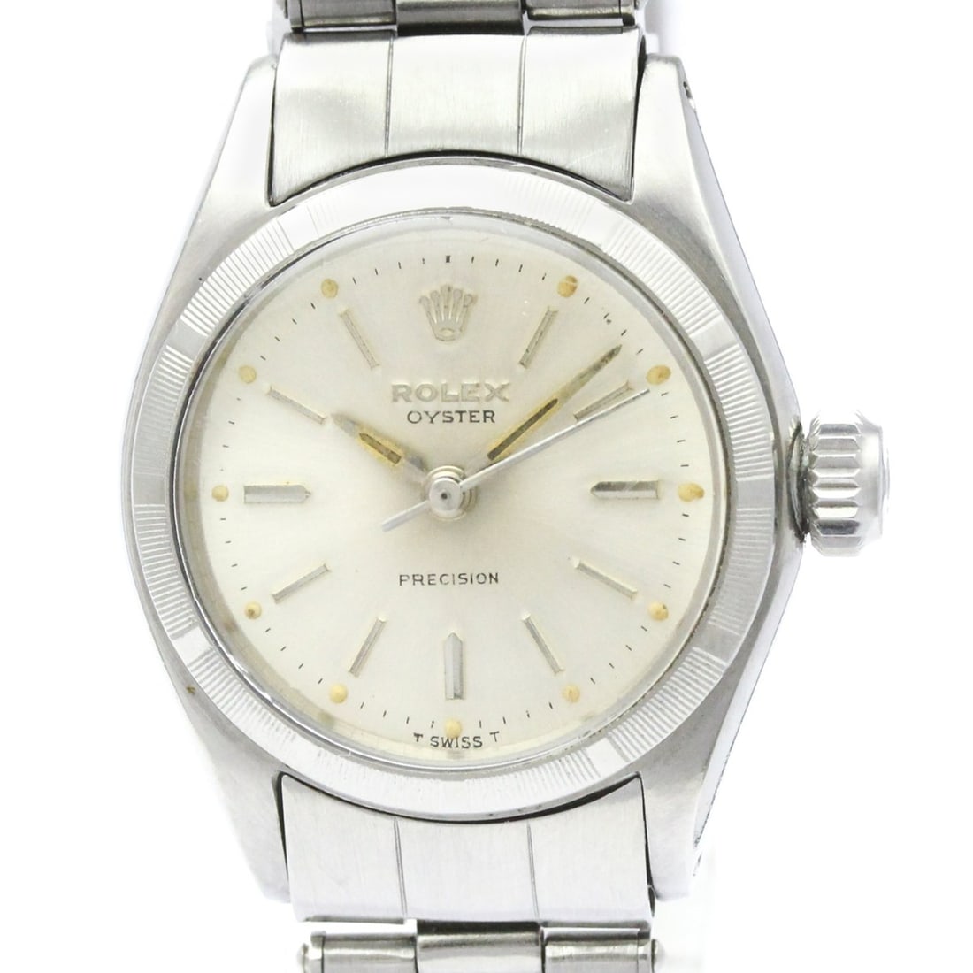 ROLEX Oyster Precision 6411 Steel Hand-winding Ladies Watch Vintage: --- Catalog ---Category: SizeCase Diameter: 25mm / 0.98''Category: DesignType: WristwatchStyle: Dress/FormalGender: WomenColor (Dial): SilverMaterial (Band): Stainless steelMaterial (Case): Stainless 