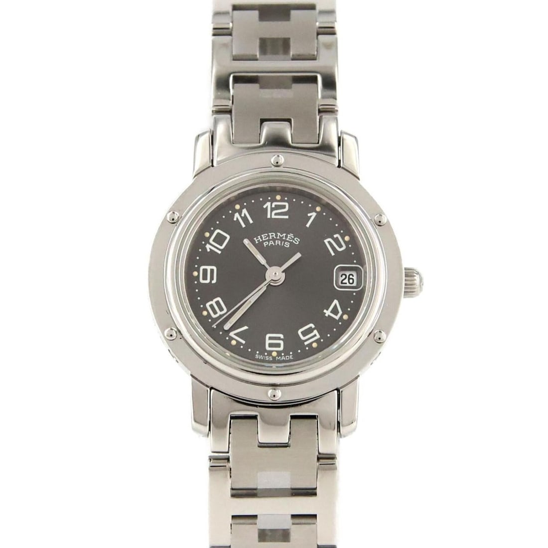 Hermes Clipper CL4.210 SS Quartz Watch: --- Catalog ---Category: SizeWrist Size: 16cm / 6.29''Case Diameter: 24mm / 0.94''Category: DesignType: WristwatchGender: WomenColor (Dial): GrayMaterial (Band): Stainless steelMaterial (Case): Stainl
