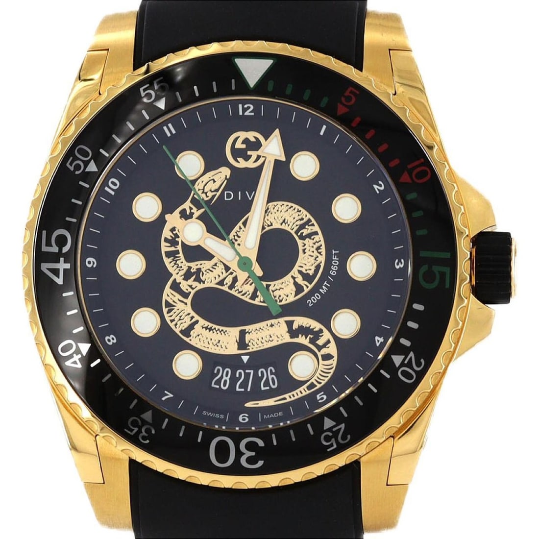 Gucci Dive GP 136.2 YA136219 Quartz Watch: --- Catalog ---Category: SizeCase Diameter: 45mm / 1.77''Category: DesignType: WristwatchGender: MenColor (Dial): BlackMaterial (Band): RubberMaterial (Case): Gold platedCategory: GeneralMPN: 136.2/YA