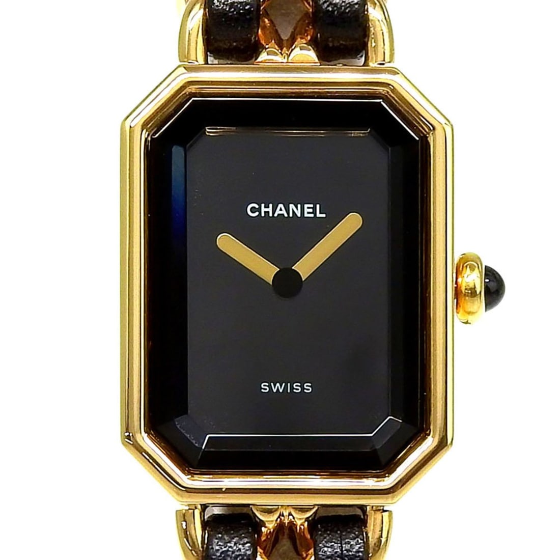 Chanel CHANEL Première Large Size H0001 Black Dial GP/Leather Quartz Women's Watch Approx. 26mm: --- Catalog ---Category: SizeWrist Size: 16cm / 6.29''Case Diameter: 20mm / 0.79''Category: DesignType: WristwatchGender: WomenColor (Dial): BlackMaterial (Band): Gold plated, LeatherMaterial (Case): 