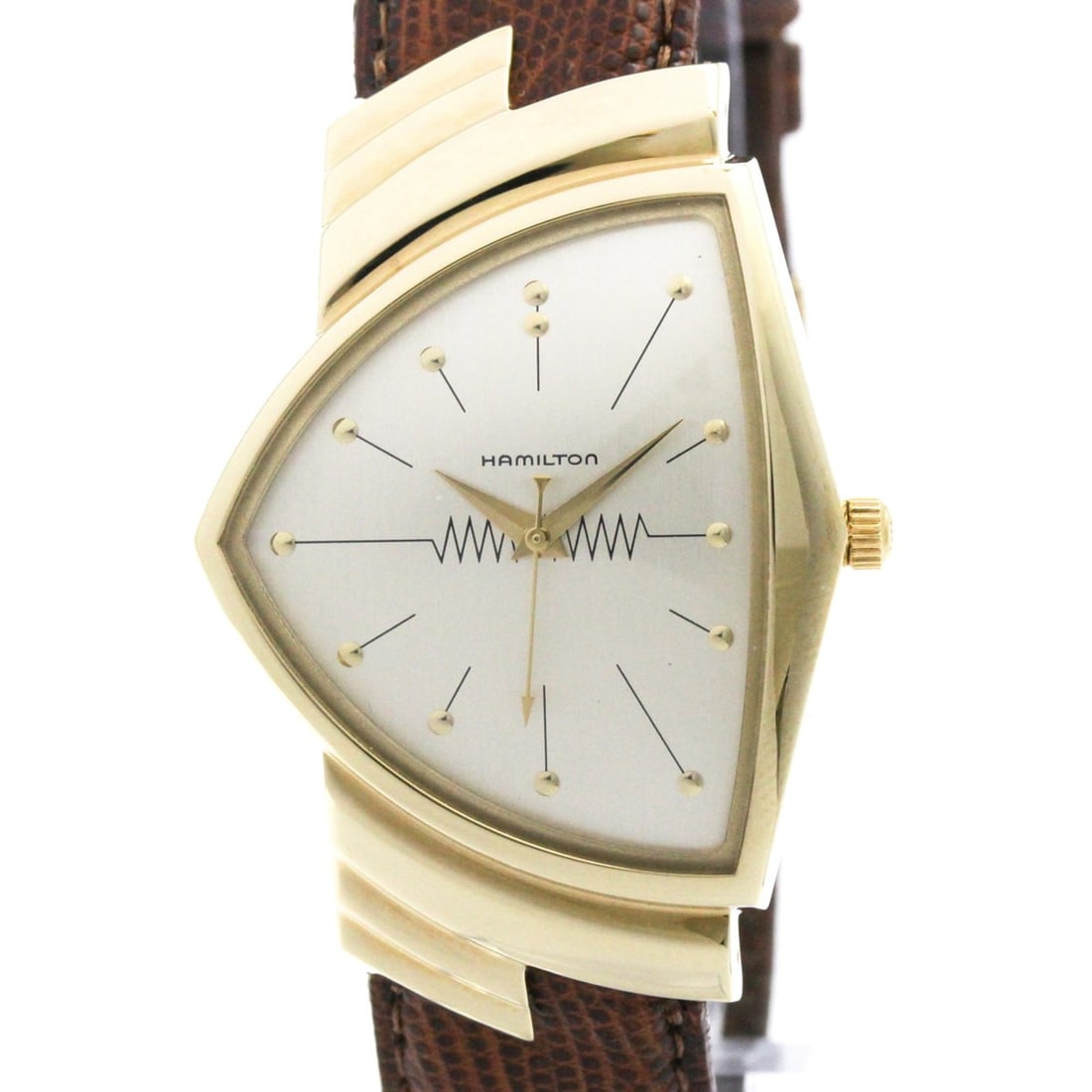 HAMILTON Ventura Gold Plated Leather Quartz Mens Watch 6250: --- Catalog ---Category: SizeCase Diameter: 32mm / 1.26''Category: DesignType: WristwatchStyle: Dress/FormalGender: MenColor (Dial): SilverMaterial (Band): LeatherMaterial (Case): Gold platedCategory: