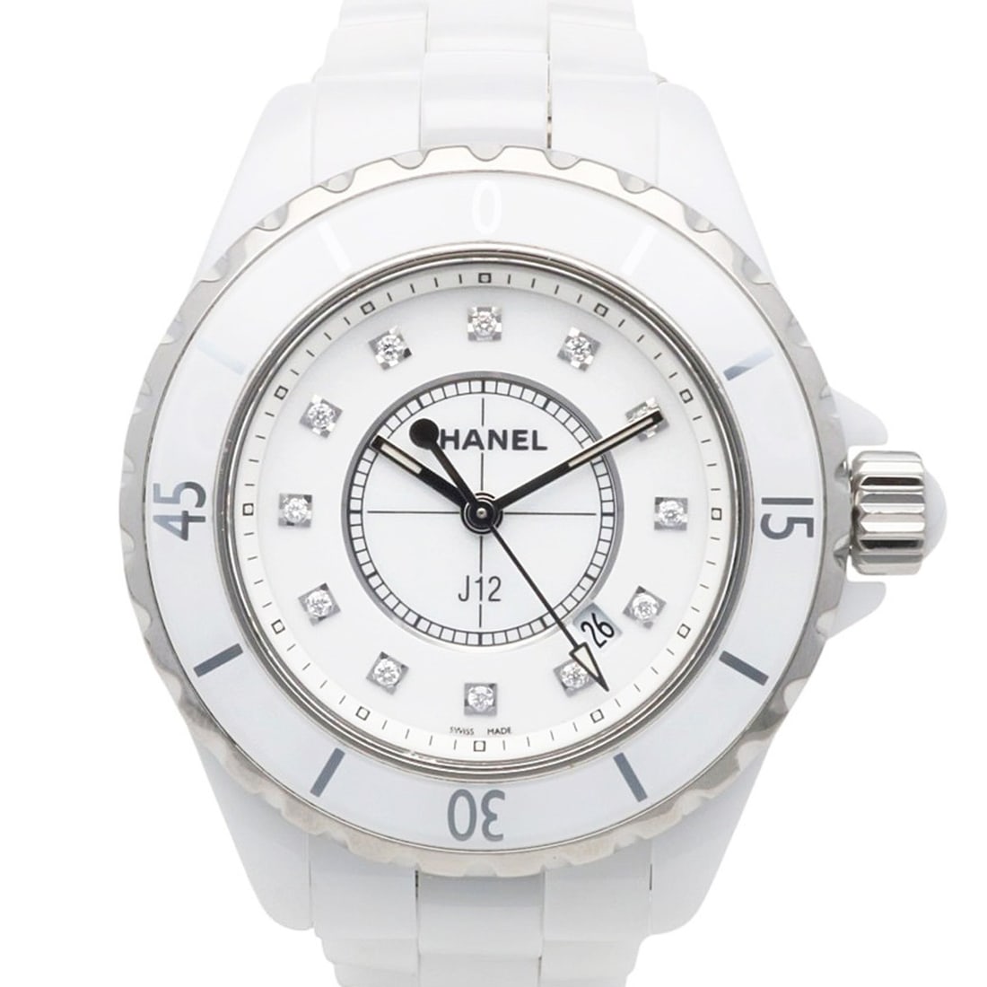 Chanel J12 Wristwatch, White Ceramic, H1628, Quartz, Polished, Ladies' Watch.: --- Catalog ---Category: SizeWrist Size: 14cm / 5.51''Case Diameter: 34mm / 1.34''Category: DesignType: WristwatchGender: WomenColor (Dial): WhiteMaterial (Band): Ceramic, Stainless steelMaterial (Cas