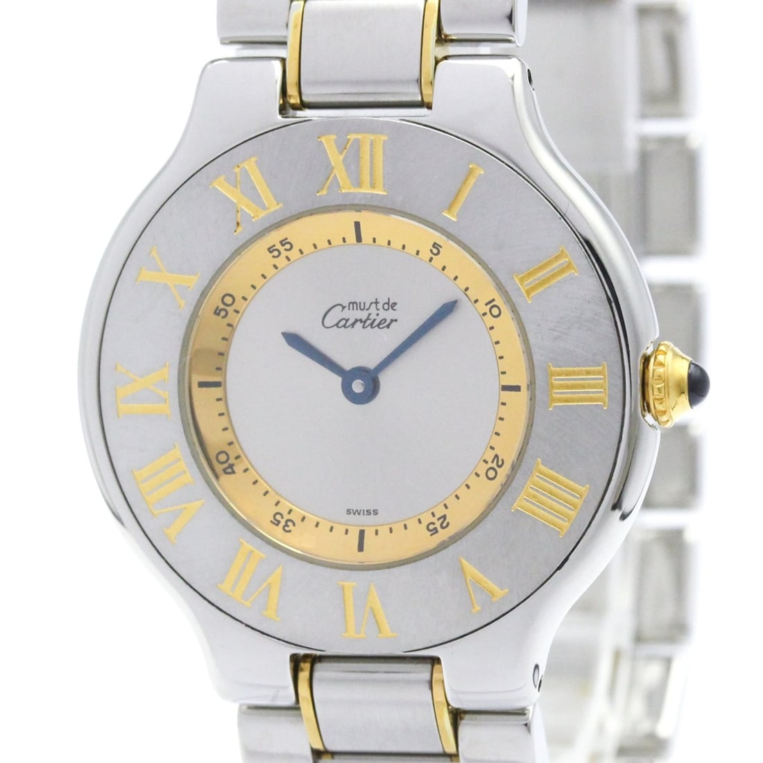 CARTIER Must 21 Gold Plated Steel Quartz Unisex Watch W10072R Polished: --- Catalog ---Category: SizeCase Diameter: 31mm / 1.22''Category: DesignType: WristwatchStyle: Dress/FormalGender: UnisexColor (Dial): SilverMaterial (Band): Gold plated, Stainless steelMaterial (Cas