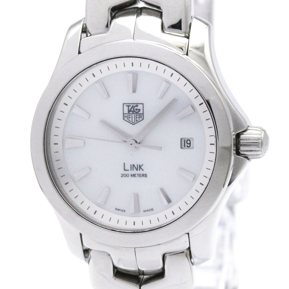 TAG HEUER Link MOP Dial Steel Quartz Ladies Watch Polished: --- Catalog ---Category: SizeCase Diameter: 27mm / 1.06''Category: DesignType: WristwatchStyle: Dress/FormalGender: WomenColor (Dial): White shellMaterial (Band): Stainless steelMaterial (Case): Stain