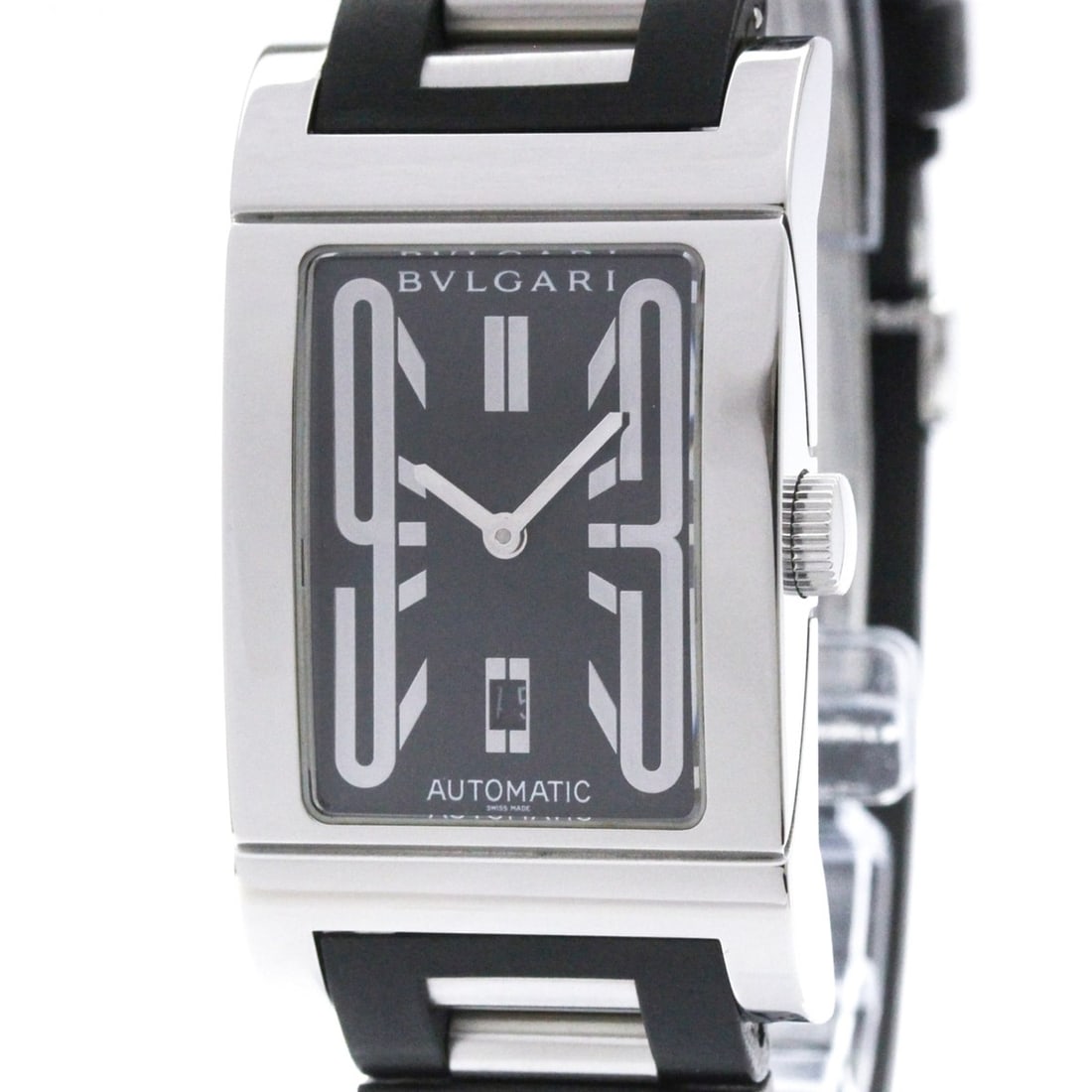 BVLGARI Rettangolo Steel Rubber Automatic Mens Watch RT45S Polished: --- Catalog ---Category: SizeCase Diameter: 45mm / 1.77''Category: DesignType: WristwatchStyle: Dress/FormalGender: MenColor (Dial): BlackMaterial (Band): RubberMaterial (Case): Stainless steelCategor