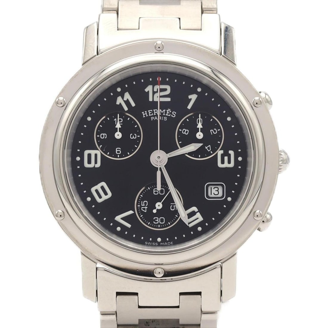 Hermes Clipper Chronograph CL1.910 SS Quartz Watch: --- Catalog ---Category: SizeWrist Size: 19cm / 7.48''Case Diameter: 38mm / 1.5''Category: DesignType: WristwatchColor (Dial): BlackMaterial (Band): Stainless steelMaterial (Case): Stainless steelCate