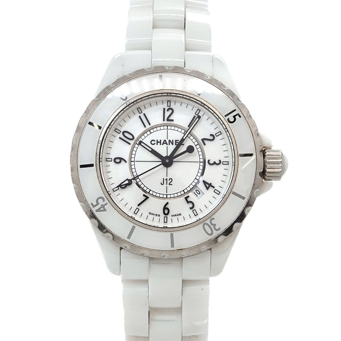 Chanel J12 33mm H0968 Women's Watch, Date Display, White Ceramic Quartz Watch: --- Catalog ---Category: SizeWrist Size: 15.5cm / 6.1''Case Diameter: 34mm / 1.34''Category: DesignType: WristwatchGender: WomenColor (Dial): WhiteMaterial (Band): Ceramic, Stainless steelMaterial (Ca