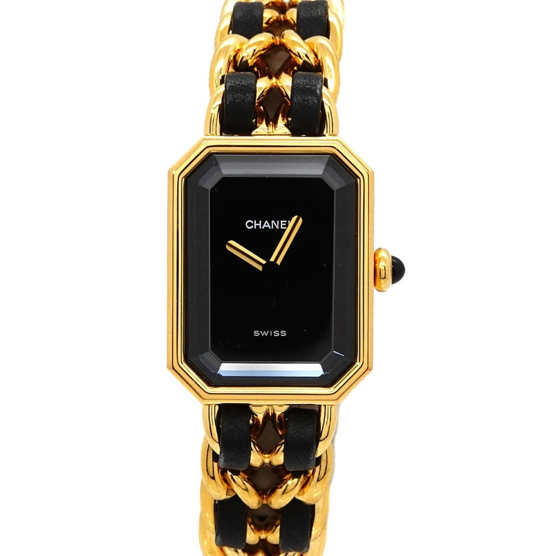 Chanel Premiere S-size H0001 Women's Watch Black Gold Quartz: --- Catalog ---Category: SizeWrist Size: 13.5cm / 5.31''Case Diameter: 20mm / 0.79''Category: DesignType: WristwatchGender: WomenColor (Dial): BlackMaterial (Band): Gold plated, Leather, Stainless ste