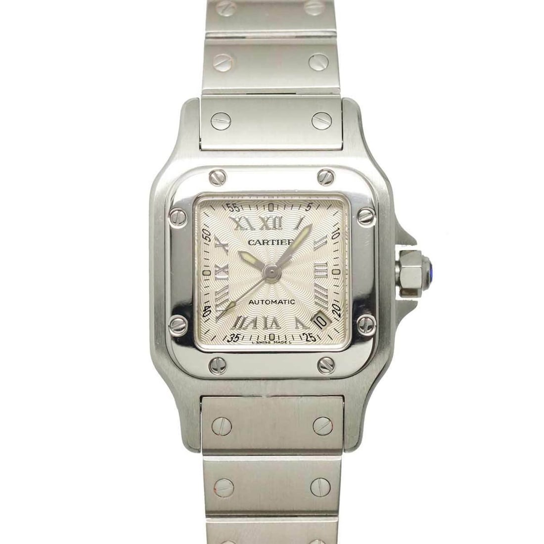 Cartier Santos Galbee SM W20044D6 Ladies' Watch, Date, Silver, Automatic Movement: --- Catalog ---Category: SizeWrist Size: 14cm / 5.51''Case Diameter: 24mm / 0.94''Category: DesignType: WristwatchGender: Men,WomenColor (Dial): SilverMaterial (Band): Stainless steelMaterial (Case): 