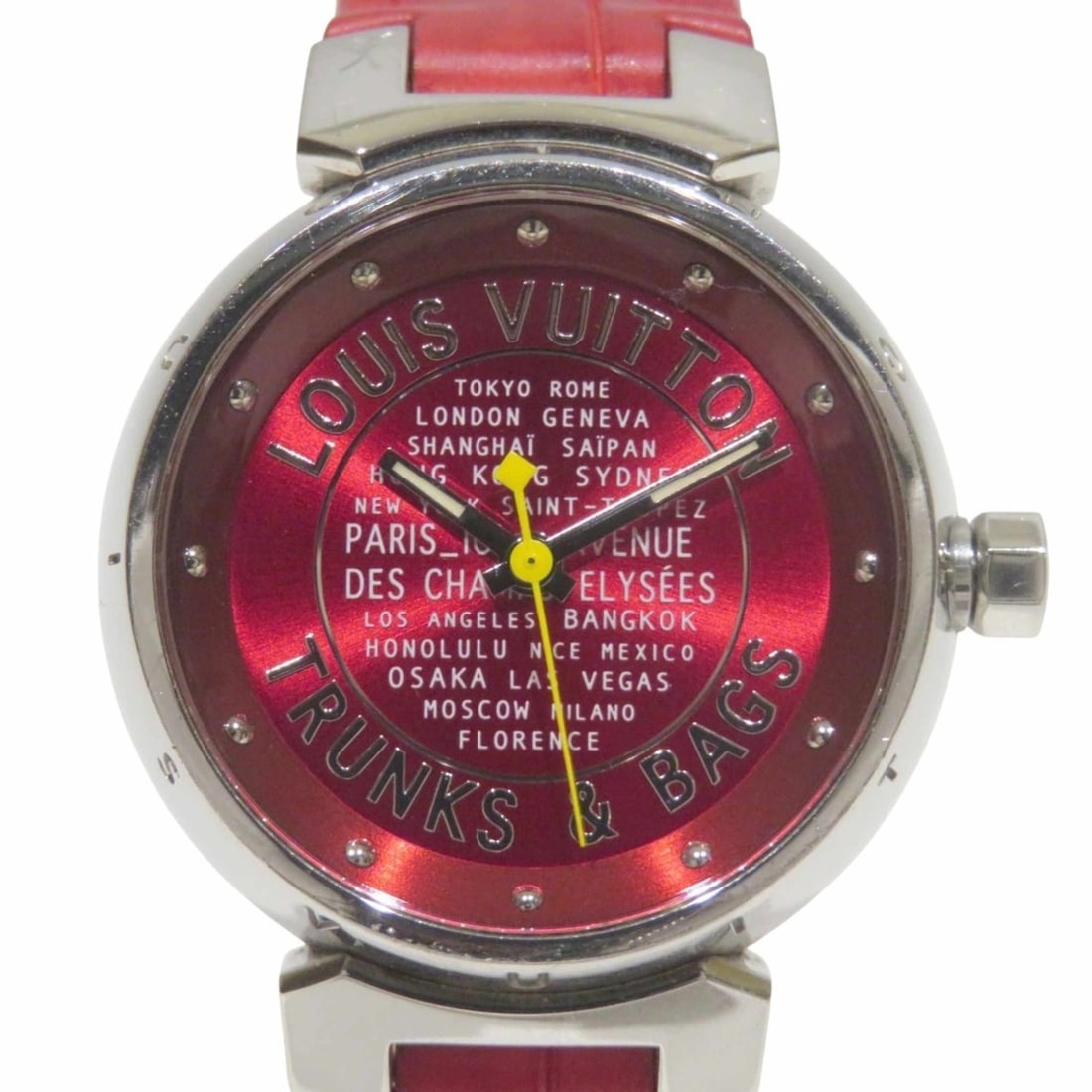 Louis Vuitton Tambour TRUNKS & BAGS wristwatch, total weight 34.8g, stainless steel, genuine leather: --- Catalog ---Category: SizeWrist Size: 13cm - 17.5cm / 5.11'' - 6.88''Case Diameter: 27.8mm / 1.09''Category: DesignType: WristwatchGender: Men,WomenColor (Dial): Red colorMaterial (Band): LeatherMa