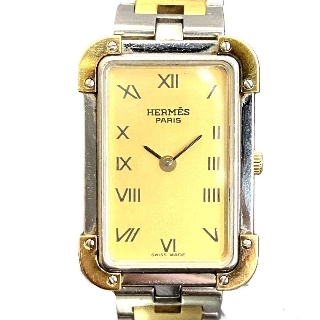 Hermes Croisière watch, total weight 37.7g, stainless steel, quartz movement, gold dial, CR1.240: --- Catalog ---Category: SizeWrist Size: 13.5cm / 5.31''Case Diameter: 18mm / 0.71''Category: DesignType: WristwatchGender: WomenColor (Dial): GoldMaterial (Band): Gold plated, Stainless steelMaterial