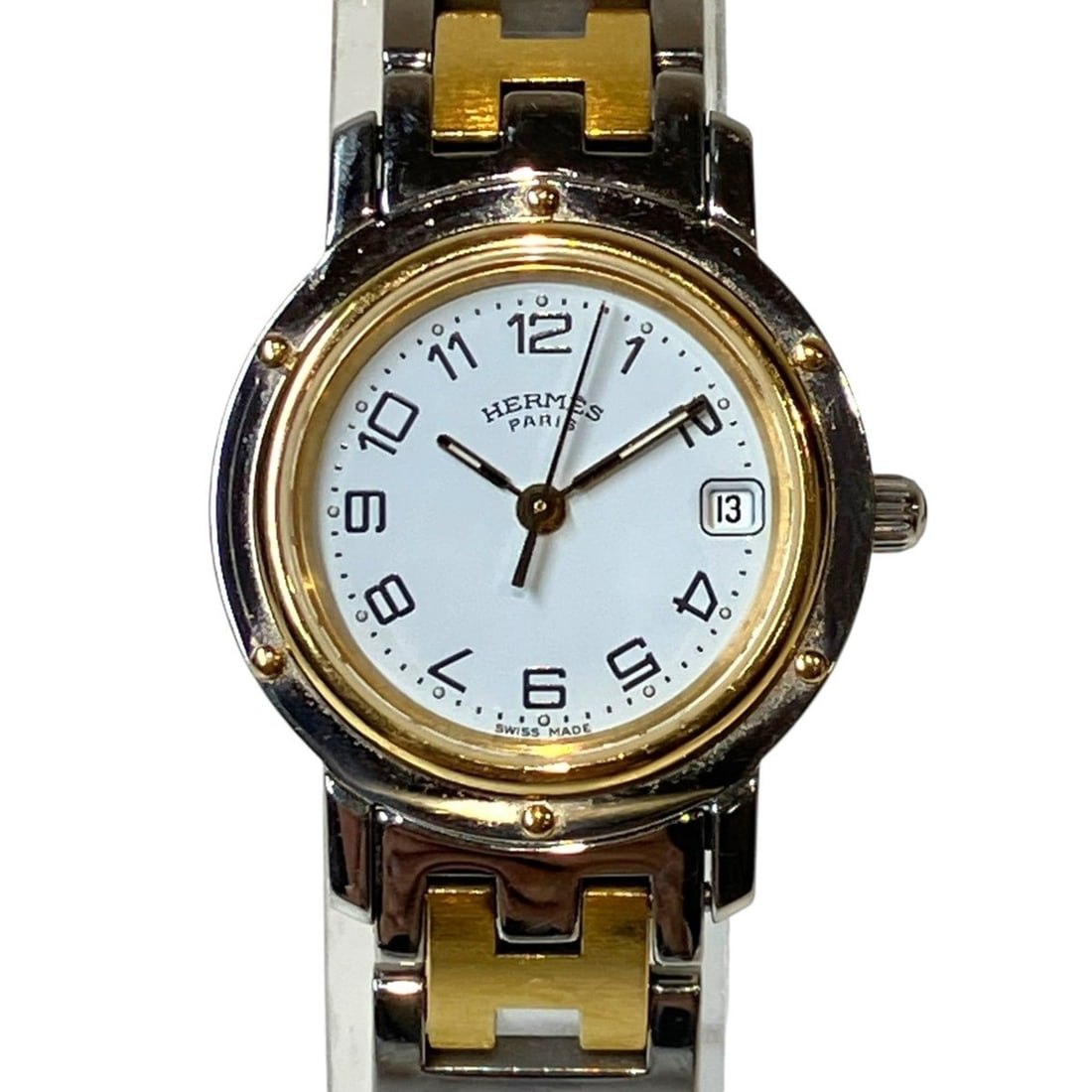 Hermes Clipper Two-Tone Watch, Total Weight 43.6g, Stainless Steel, Quartz Movement, White Dial,: --- Catalog ---Category: SizeWrist Size: 15cm / 5.9''Case Diameter: 23.8mm / 0.94''Category: DesignType: WristwatchGender: Men,WomenColor (Dial): WhiteMaterial (Band): Stainless steelMaterial (Case): 