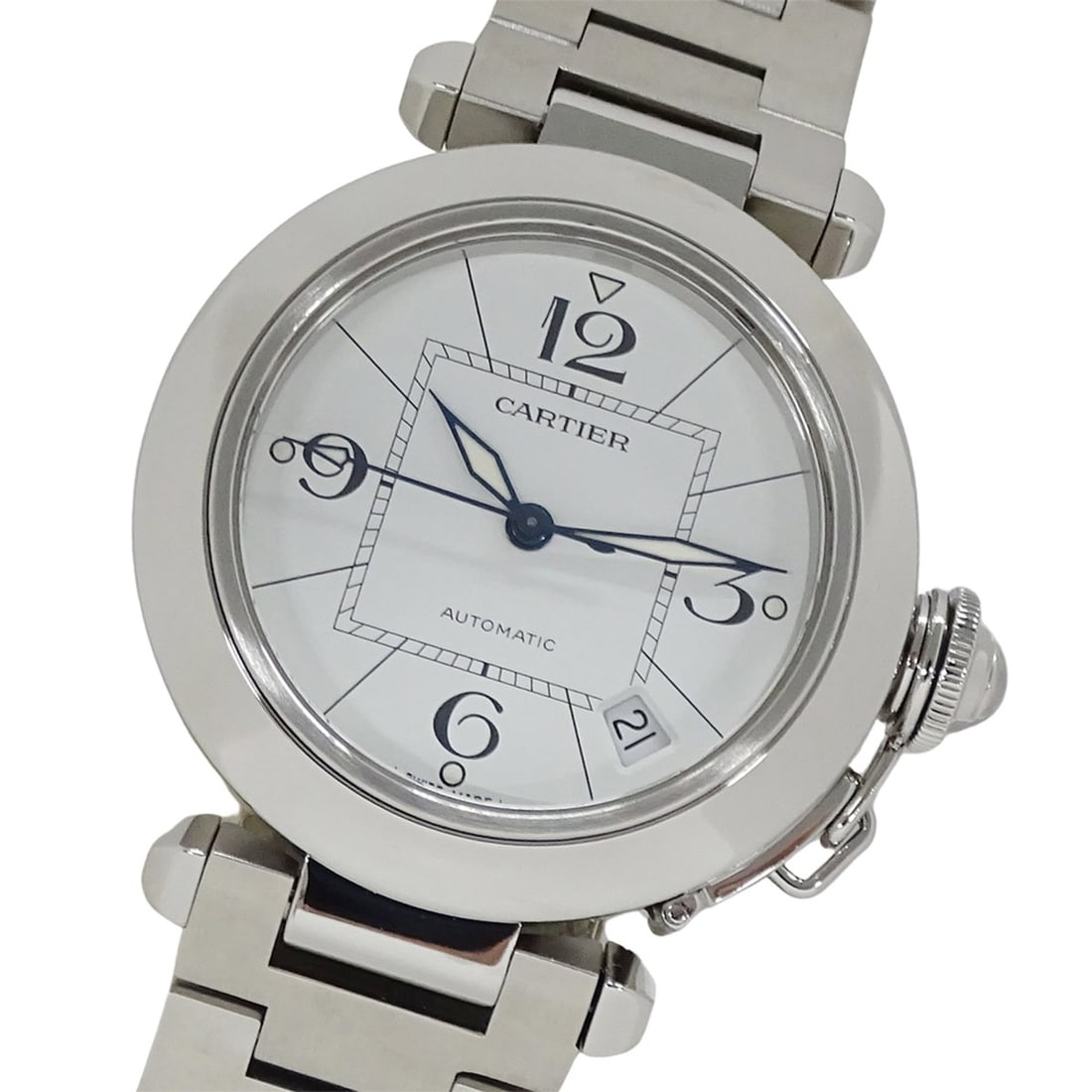 Cartier Pasha C Date Automatic Watch for Boys, Stainless Steel (SS) W31074M7, Silver & White: --- Catalog ---Category: SizeWrist Size: 17.5cm / 6.88''Case Diameter: 35mm / 1.38''Category: DesignType: WristwatchGender: MenColor (Dial): WhiteMaterial (Band): Stainless steelMaterial (Case): Stain