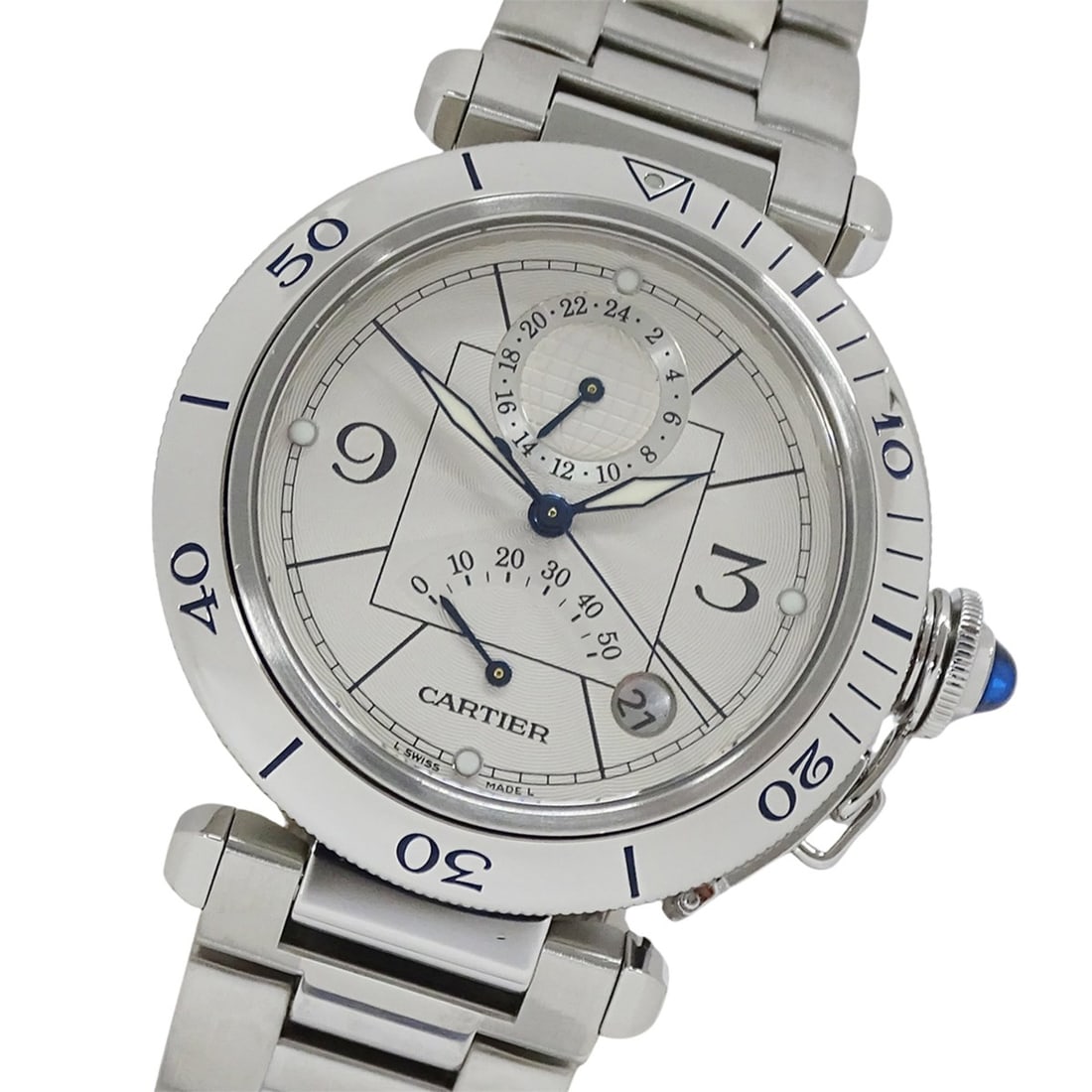 Cartier Pasha Men's Watch, Power Reserve, GMT, Date, Automatic, Stainless Steel (SS), W31037H3,: --- Catalog ---Category: SizeWrist Size: 18.5cm / 7.28''Case Diameter: 38mm / 1.5''Category: DesignType: WristwatchGender: MenColor (Dial): SilverMaterial (Band): Stainless steelMaterial (Case): Stain