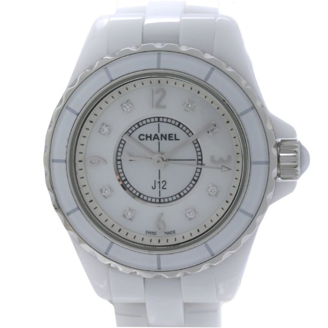 CHANEL J12 8P Diamond H2570 Women's Watch, White Ceramic x Stainless Steel 40456: --- Catalog ---Category: SizeWrist Size: 17cm / 6.69''Case Diameter: 29mm / 1.14''Category: DesignType: WristwatchGender: WomenColor (Dial): White shellMaterial (Band): Ceramic, Stainless steelMateria