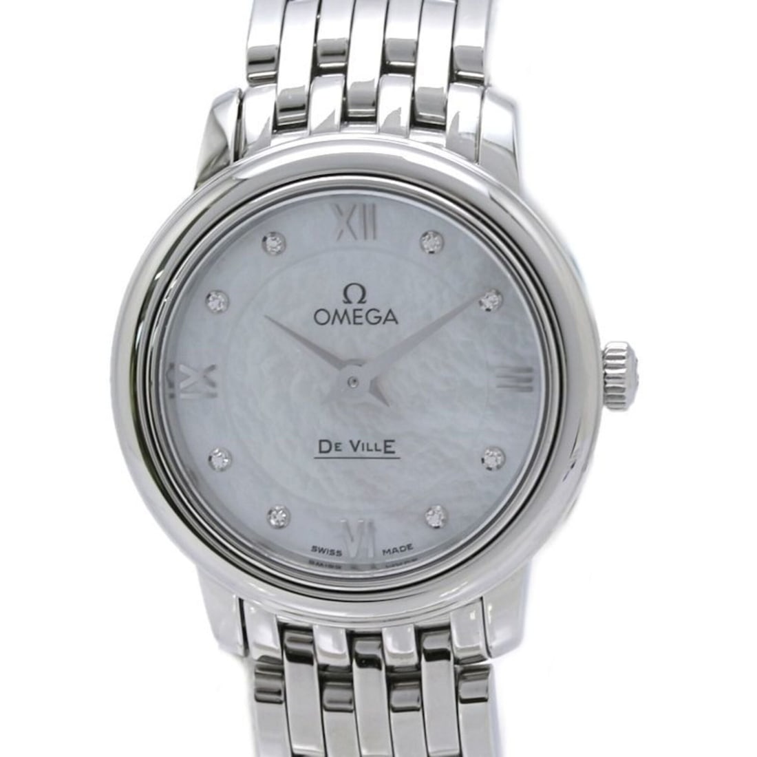 OMEGA De Ville Prestige 8-Diamond Watch 424.10.24.60.55.001 Women's Stainless Steel 40455: --- Catalog ---Category: SizeWrist Size: 16.5cm / 6.49''Case Diameter: 24mm / 0.94''Category: DesignType: WristwatchGender: WomenColor (Dial): White shellMaterial (Band): Stainless steelMaterial (Case