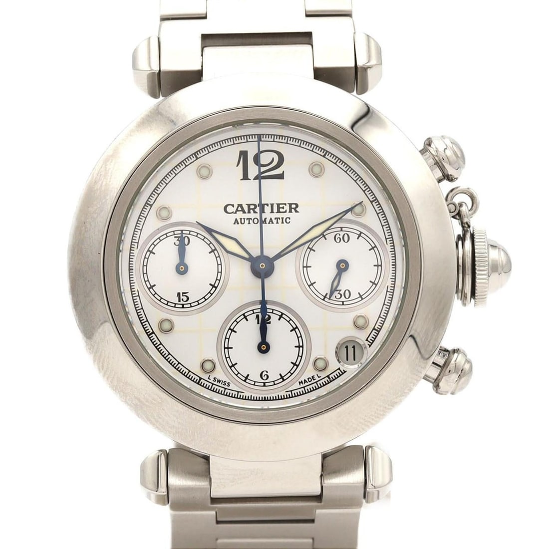 Cartier Pasha C Chronograph W31039M7 Stainless Steel Automatic Watch: --- Catalog ---Category: SizeWrist Size: 16cm / 6.29''Case Diameter: 36mm / 1.42''Category: DesignType: WristwatchGender: Women,MenColor (Dial): WhiteMaterial (Band): Stainless steelMaterial (Case): S
