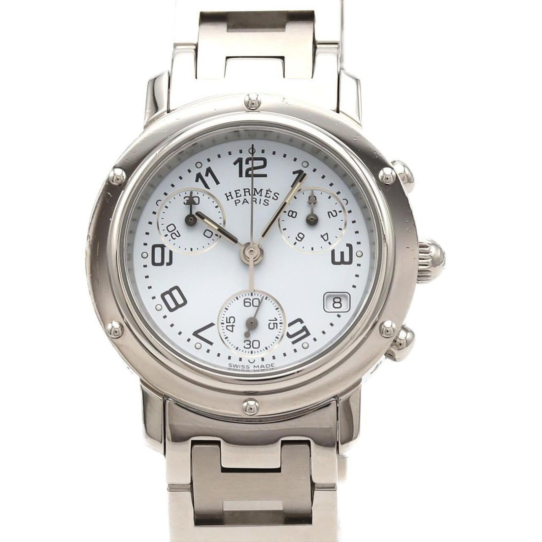 Hermes Clipper Chronograph CL1.310 SS Quartz Watch: --- Catalog ---Category: SizeWrist Size: 16.5cm / 6.49''Case Diameter: 31mm / 1.22''Category: DesignType: WristwatchGender: WomenColor (Dial): WhiteMaterial (Band): Stainless steelMaterial (Case): Sta