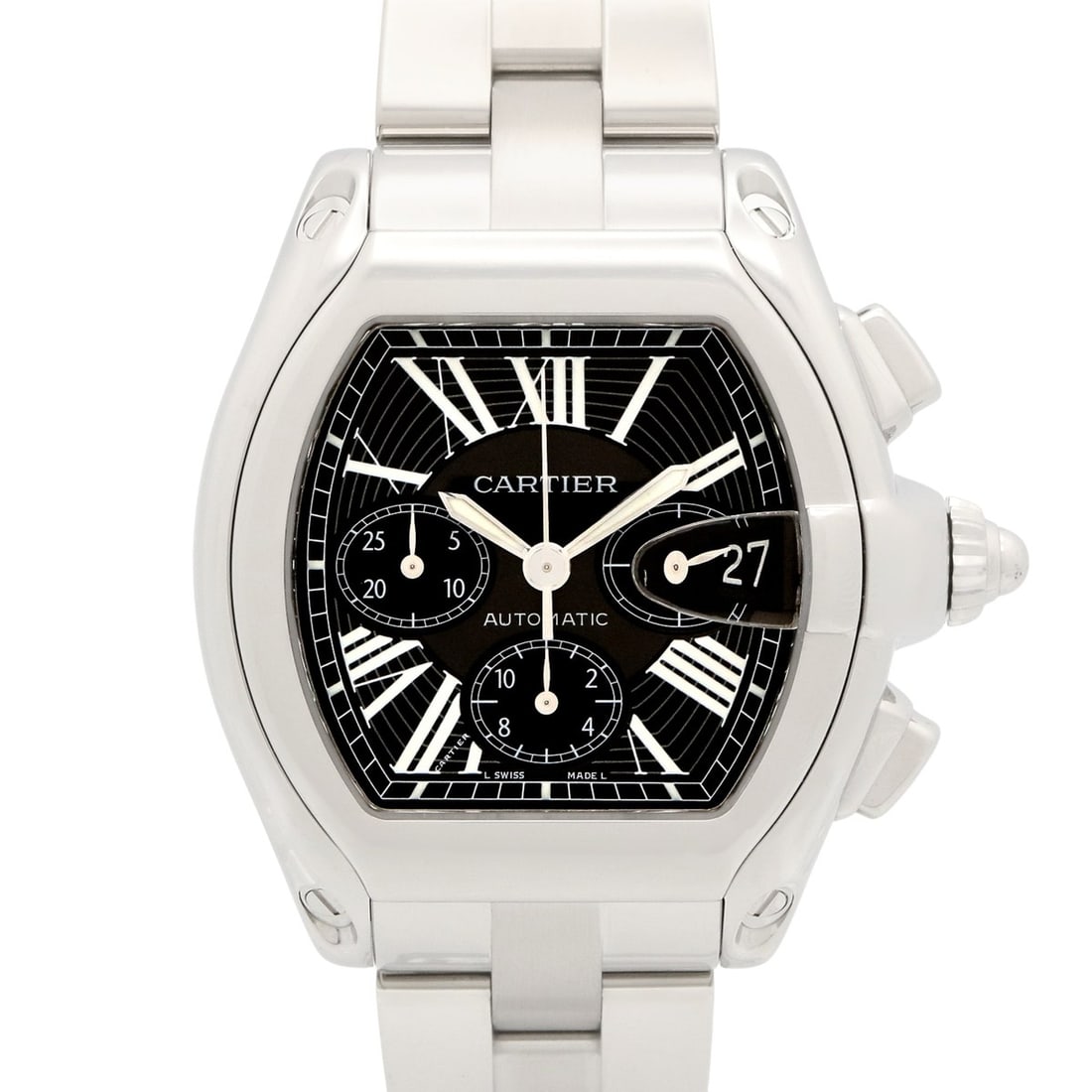 Cartier Roadster Chronograph XL Watch, Stainless Steel, Men's, Black (W62020X6): --- Catalog ---Category: SizeWrist Size: 19cm / 7.48''Case Diameter: 43mm / 1.69''Category: DesignType: WristwatchGender: MenColor (Dial): BlackMaterial (Band): Stainless steelMaterial (Case): Stainle