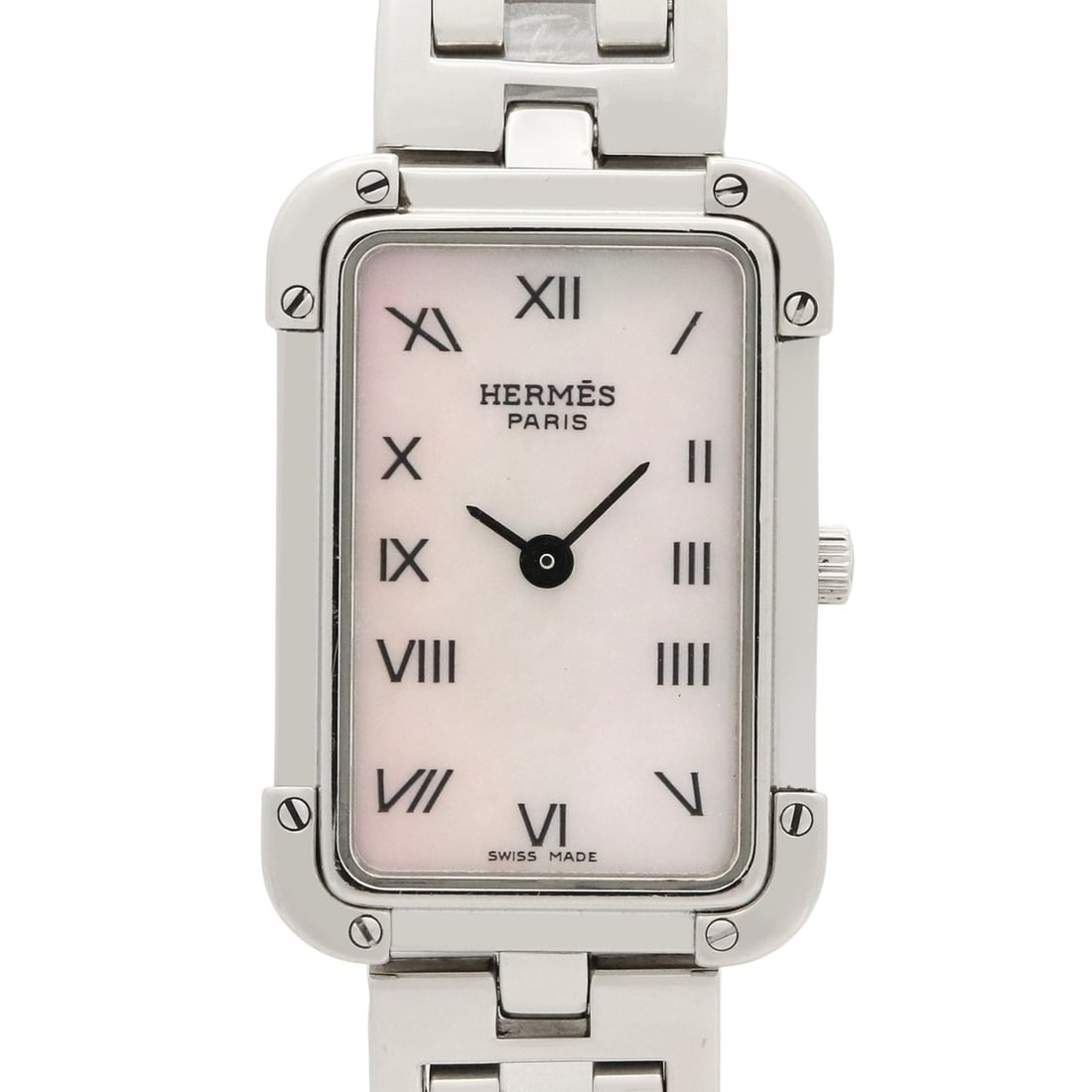 Hermes Croisière watch, stainless steel, women's, white with mother-of-pearl dial, CR2.210: --- Catalog ---Category: SizeWrist Size: 16.5cm / 6.49''Case Diameter: 18mm / 0.71''Category: DesignType: WristwatchGender: WomenColor (Dial): White shellMaterial (Band): Stainless steelMaterial (Case