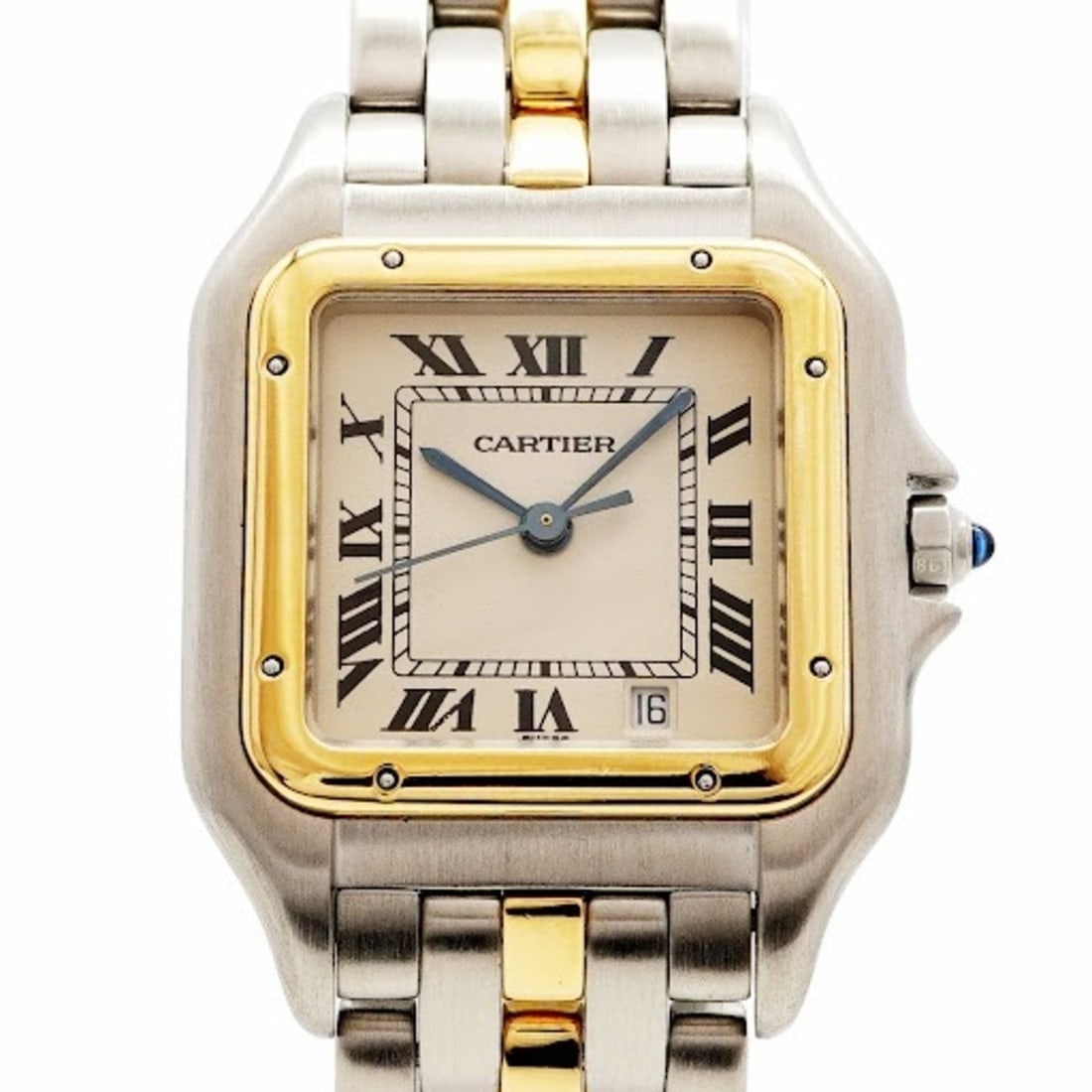 Cartier Panthère MM 1 Row Ivory Dial Watch for Men and Women: --- Catalog ---Category: SizeWrist Size: 15cm / 5.9''Case Diameter: 26.2mm / 1.03''Category: DesignType: WristwatchGender: Men,WomenColor (Dial): IvoryMaterial (Band): Stainless steel, Yellow goldCate