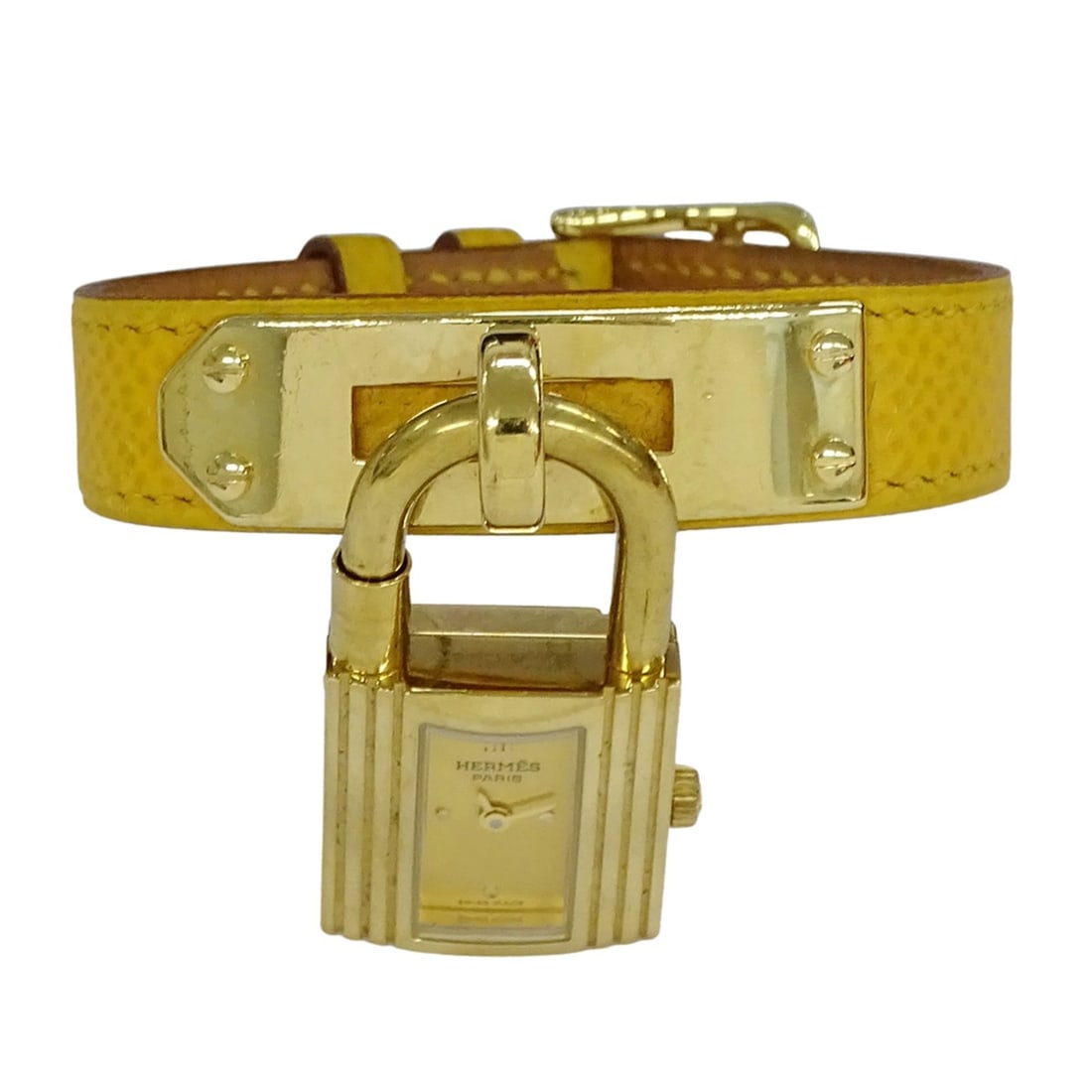 Hermes HERMES Women's Watch Brand Kelly Quartz QZ GP Leather KE1.201 Gold Yellow ?Z: --- Catalog ---Category: SizeWrist Size: 15cm - 17.5cm / 5.9'' - 6.88''Case Diameter: 20mm / 0.79''Category: DesignType: WristwatchGender: WomenColor (Dial): GoldMaterial (Band): LeatherMaterial (Case