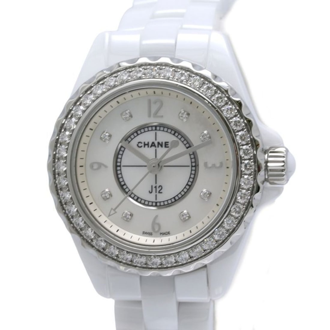 CHANEL J12 Diamond Bezel 8P H2572 Women's Watch White Ceramic x Stainless Steel 40445: --- Catalog ---Category: SizeWrist Size: 17cm / 6.69''Case Diameter: 29mm / 1.14''Category: DesignType: WristwatchGender: WomenColor (Dial): White shellMaterial (Band): Ceramic, Stainless steelMateria