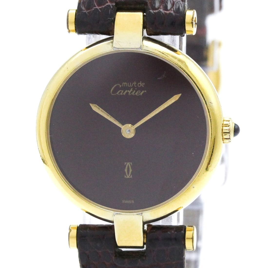 Cartier Must Quartz Gold Plated Women's Dress/Formal: --- Catalog ---Category: SizeCase Diameter: 24mm / 0.94''Category: DesignType: WristwatchStyle: Dress/FormalGender: WomenColor (Dial): BordeauxMaterial (Band): LeatherMaterial (Case): Gold platedCateg