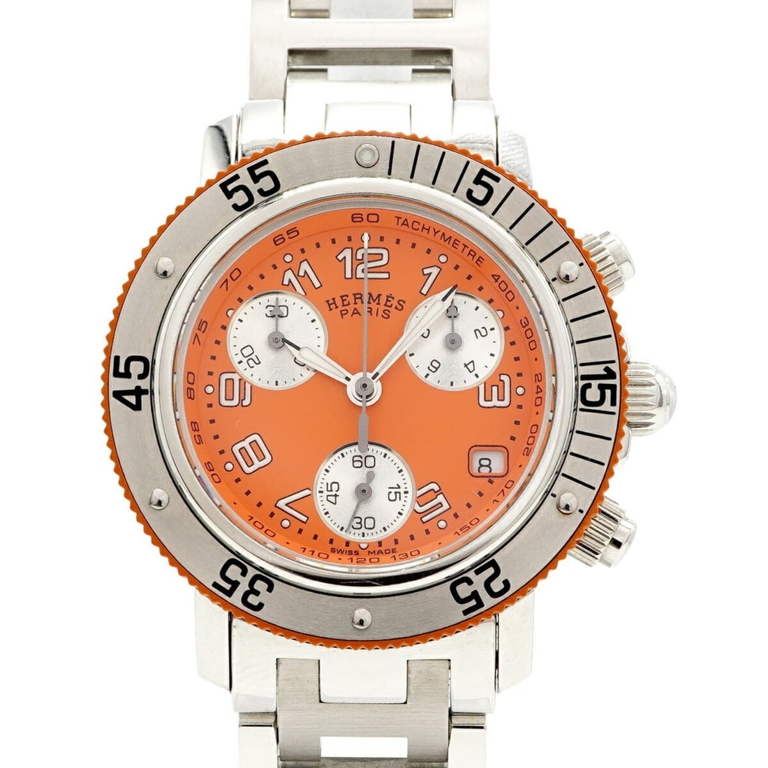 Hermes Clipper Diver CL2.316 Orange Dial Women's Watch: --- Catalog ---Category: SizeWrist Size: 13.5cm / 5.31''Case Diameter: 33.4mm / 1.31''Category: DesignType: WristwatchGender: WomenColor (Dial): OrangeMaterial (Band): Stainless steelCategory: General