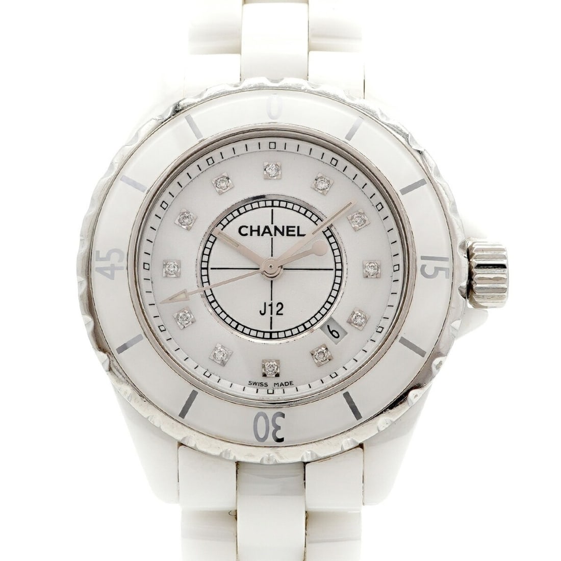 Chanel J12 Diamond H1628 White Dial Women's Watch: --- Catalog ---Category: SizeWrist Size: 14cm / 5.51''Case Diameter: 33.9mm / 1.33''Category: DesignType: WristwatchGender: WomenColor (Dial): WhiteMaterial (Band): CeramicCategory: GeneralMPN: H1628B