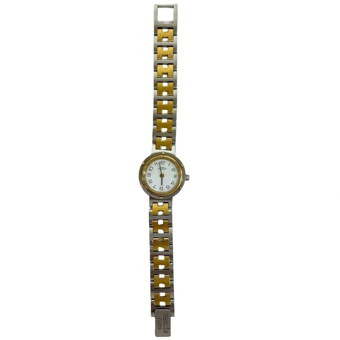 HERMES Vintage Clipper Logo Engraved Stainless Steel GP Wristwatch Silver Gold 40594: --- Catalog ---Category: SizeWrist Size: 15.5cm / 6.1''Case Diameter: 24mm / 0.94''Category: DesignType: WristwatchGender: Men,WomenMaterial (Band): Gold plated, Stainless steelMaterial (Case): Gold p