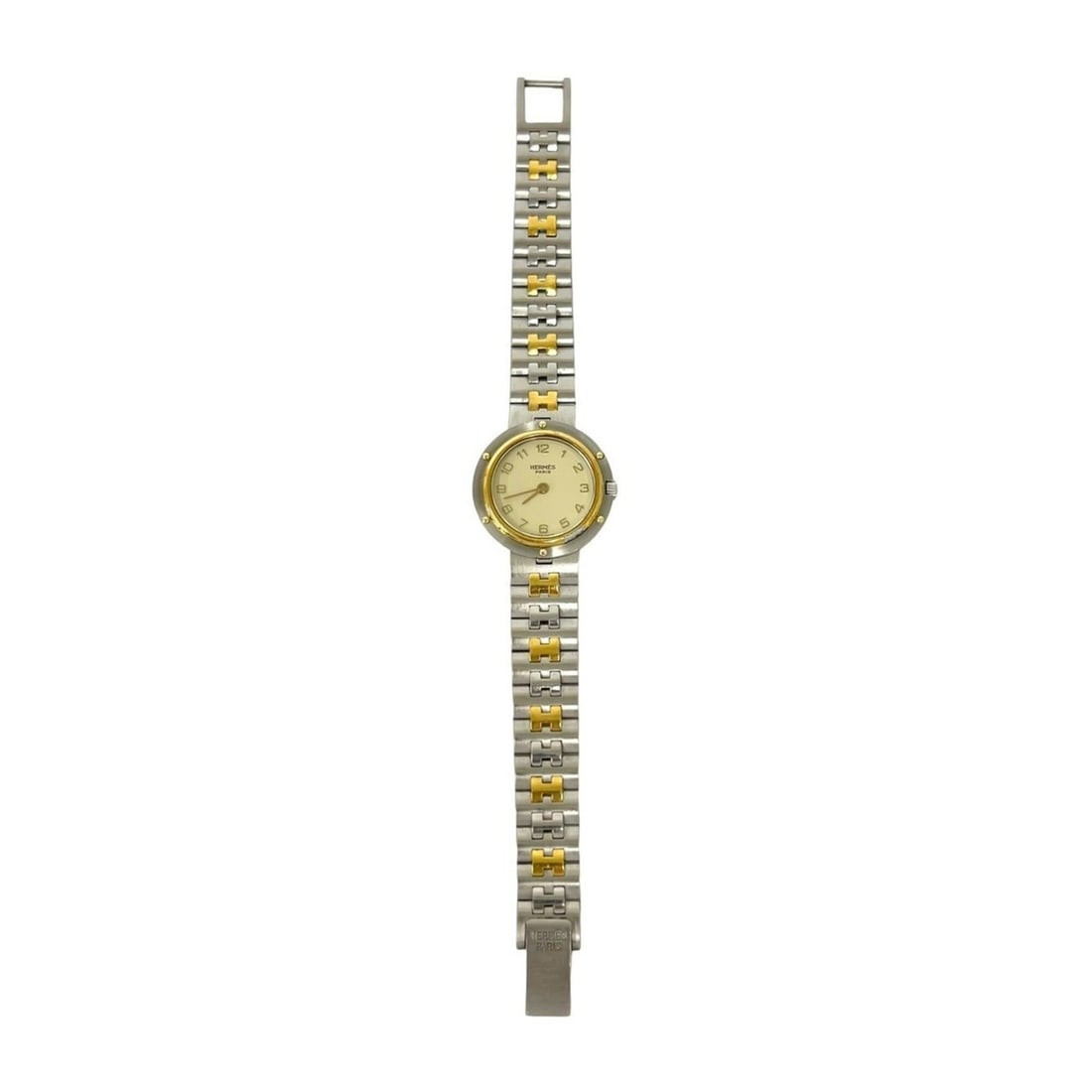 HERMES Vintage Clipper Stainless Steel Quartz Watch, Silver/Gold, 29391: --- Catalog ---Category: SizeWrist Size: 15cm / 5.9''Case Diameter: 24mm / 0.94''Category: DesignType: WristwatchGender: Women,MenMaterial (Band): Gold plated, Stainless steelMaterial (Case): Gold pla