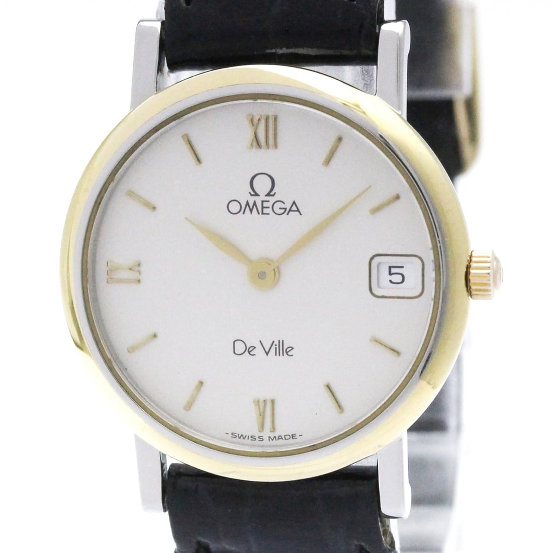 OMEGA De Ville Gold Plated Steel Quartz Ladies Watch 596.2579 Polished: --- Catalog ---Category: SizeCase Diameter: 25mm / 0.98''Category: DesignType: WristwatchStyle: Dress/FormalGender: WomenColor (Dial): SilverMaterial (Band): LeatherMaterial (Case): Gold plated, Stain