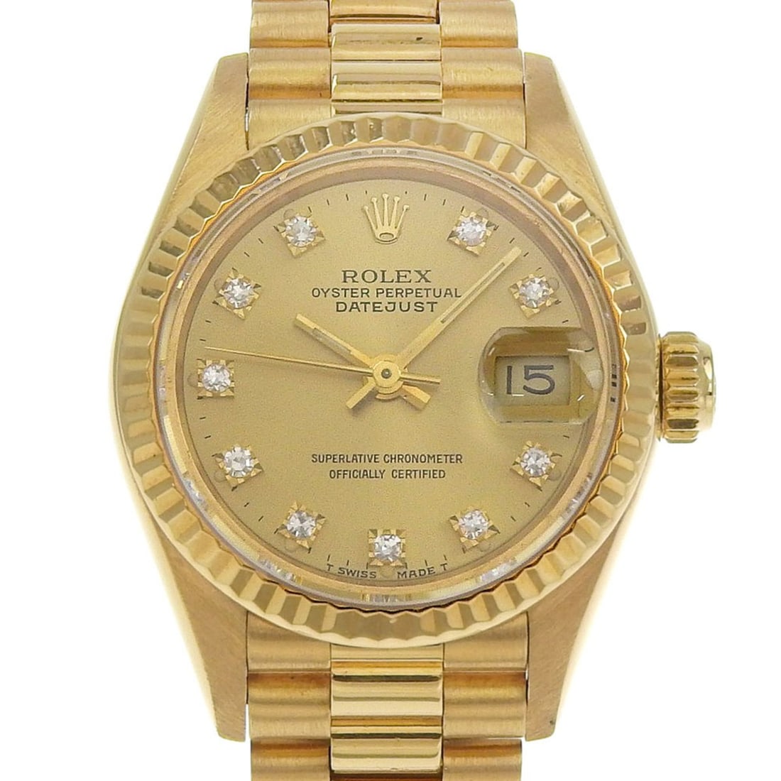 Rolex Datejust 69178G (R serial number, circa 1987-88), gold dial, 10 diamond accents, 18K yellow: --- Catalog ---Category: SizeWrist Size: 15.5cm / 6.1''Case Diameter: 26mm / 1.02''Category: DesignType: WristwatchGender: WomenColor (Dial): GoldMaterial (Band): Yellow gold (18K)Material (Case): Yel