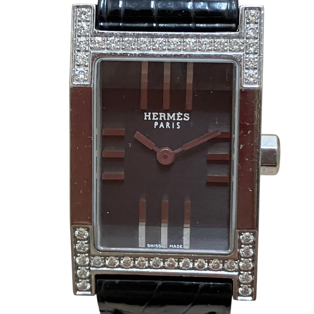 Hermes HERMES Dandem Diamond-Set Bezel Watch, Total Weight 20.8g, Stainless Steel, Genuine Leather: --- Catalog ---Category: SizeWrist Size: 12cm - 14cm / 4.72'' - 5.51''Case Diameter: 19mm / 0.75''Category: DesignType: WristwatchGender: WomenColor (Dial): BlackMaterial (Band): LeatherMaterial (Case