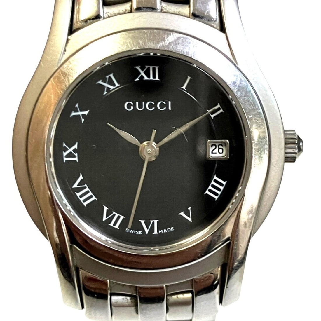 Gucci watch, total weight 63g, stainless steel, quartz movement, black dial, 5500L.: --- Catalog ---Category: SizeWrist Size: 14cm / 5.51''Case Diameter: 27mm / 1.06''Category: DesignType: WristwatchGender: Women,MenColor (Dial): BlackMaterial (Band): Stainless steelMaterial (Case): S