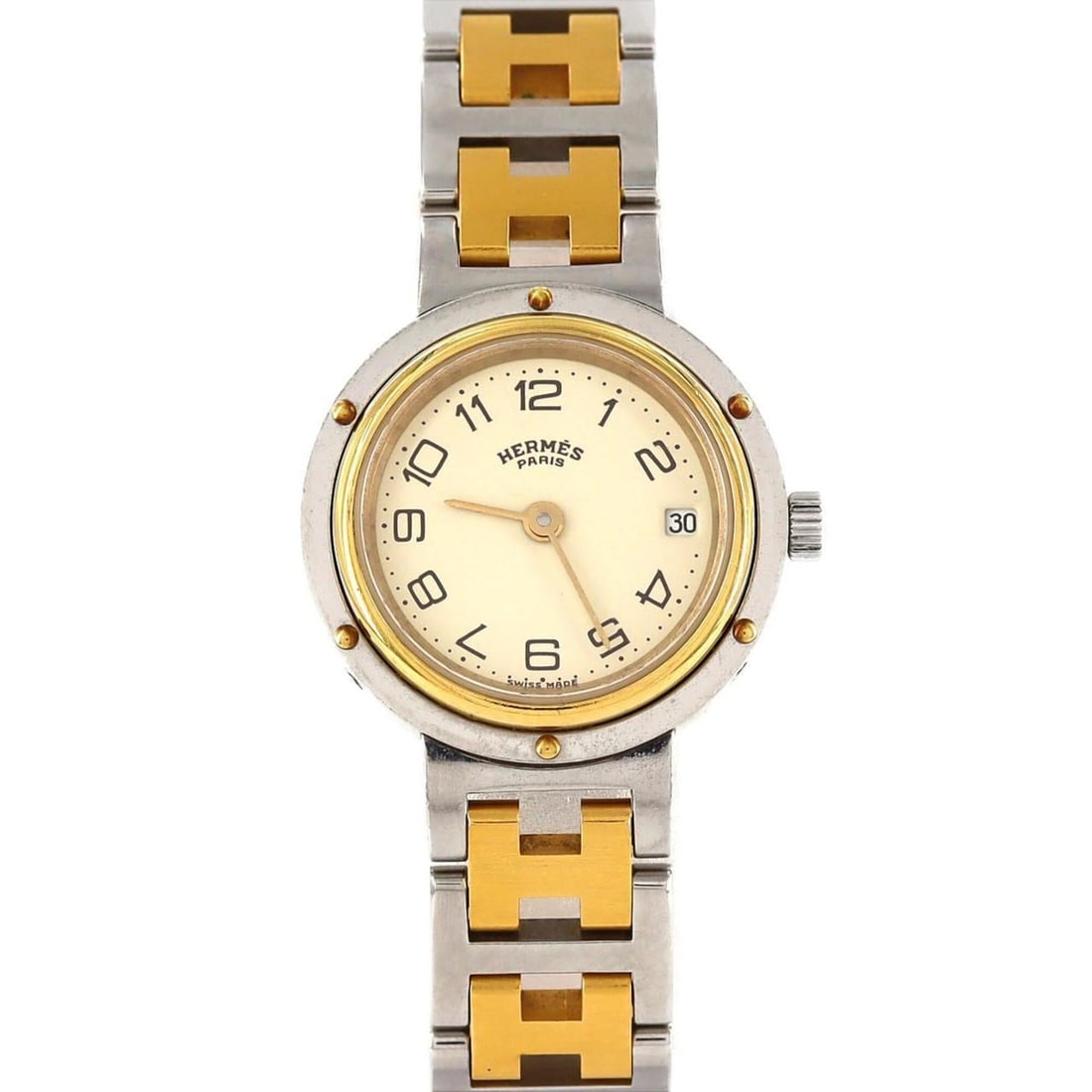 Hermes Clipper Combination SSxGP Quartz Watch: --- Catalog ---Category: SizeWrist Size: 15.5cm / 6.1''Case Diameter: 24mm / 0.94''Category: DesignType: WristwatchGender: WomenColor (Dial): IvoryMaterial (Band): Gold plated, Stainless steelMaterial