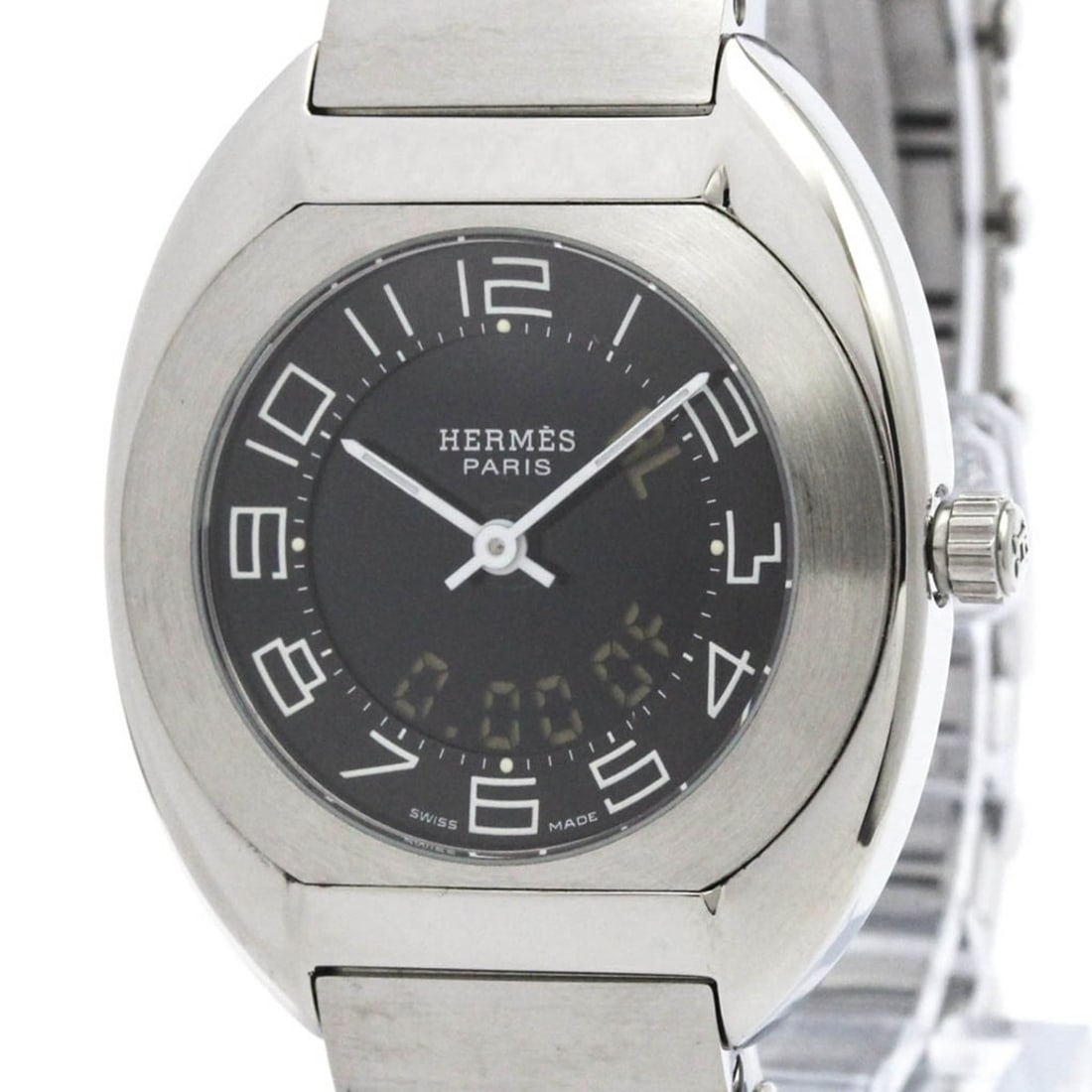 HERMES Espace Stainless Steel Quartz Ladies Watch ES1.210 Polished: --- Catalog ---Category: SizeCase Diameter: 31mm / 1.22''Category: DesignType: WristwatchStyle: Dress/FormalGender: WomenColor (Dial): BlackMaterial (Band): Stainless steelMaterial (Case): Stainless s